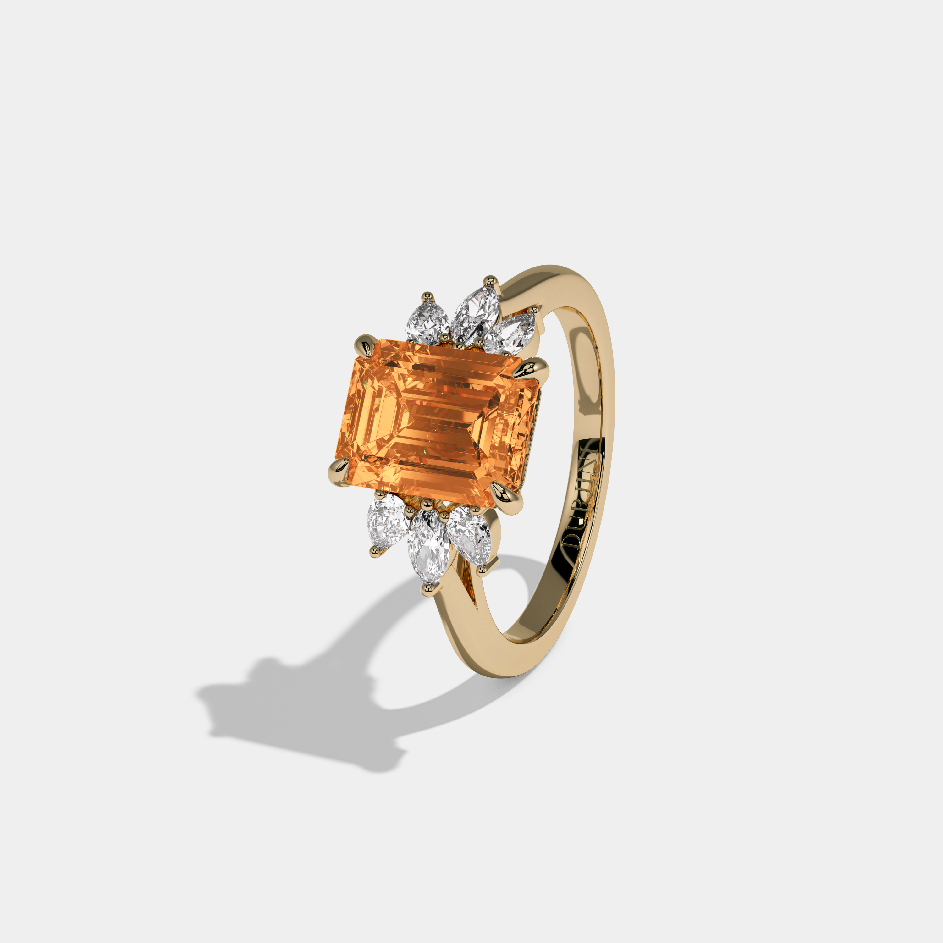 Anne Fancy Orange Emerald Cut Diamond Plain Band With Marquise Cut Sides Engagement Ring 6ct 18K Yellow Gold