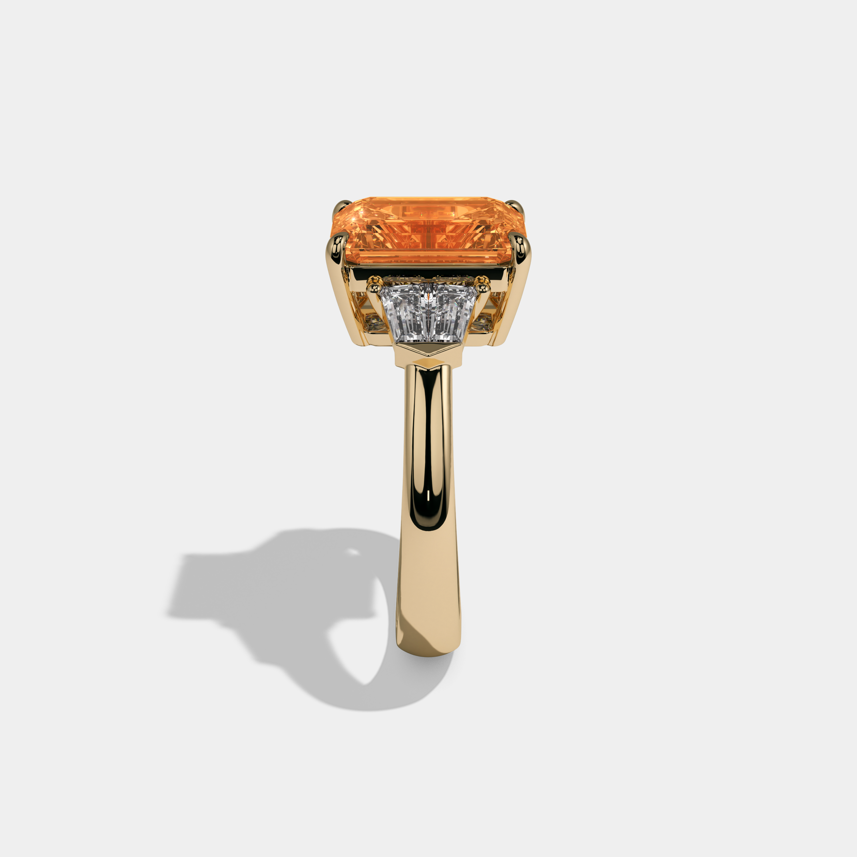 Elizabeth Fancy Orange Emerald Cut Diamond Plain Band With Baguette Sides Engagement Ring 6ct 18K Yellow Gold