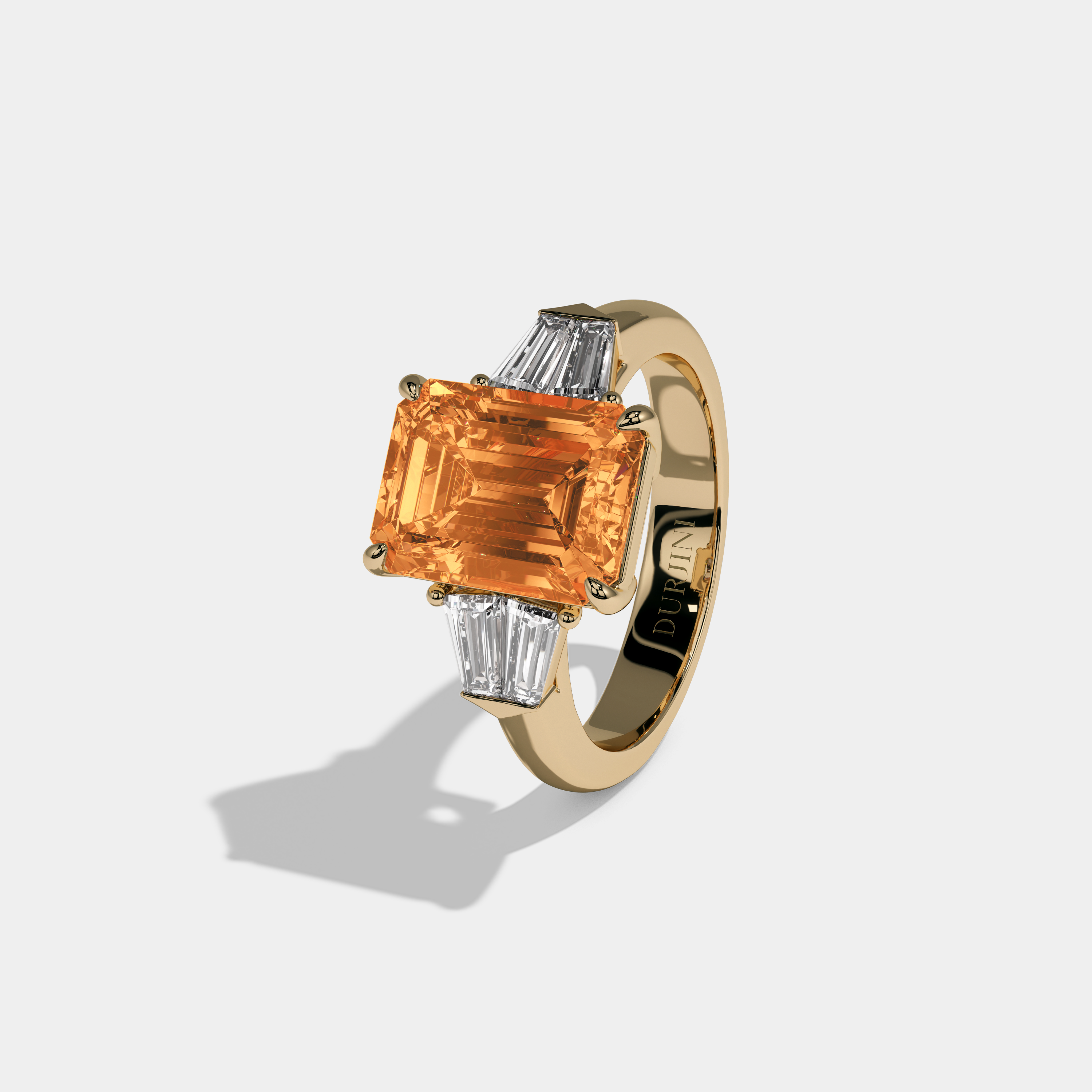 Elizabeth Fancy Orange Emerald Cut Diamond Plain Band With Baguette Sides Engagement Ring 6ct 18K Yellow Gold