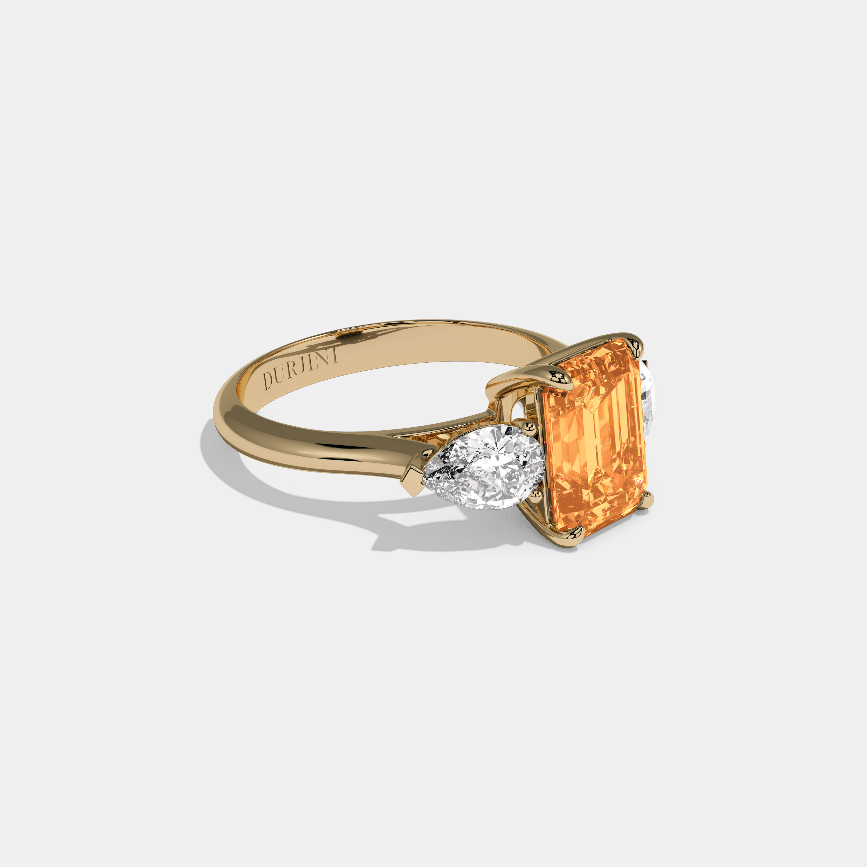 Valentina Fancy Orange Emerald Cut Diamond Plain Band With Pear Cut Sides Engagement Ring 6ct 18K Yellow Gold