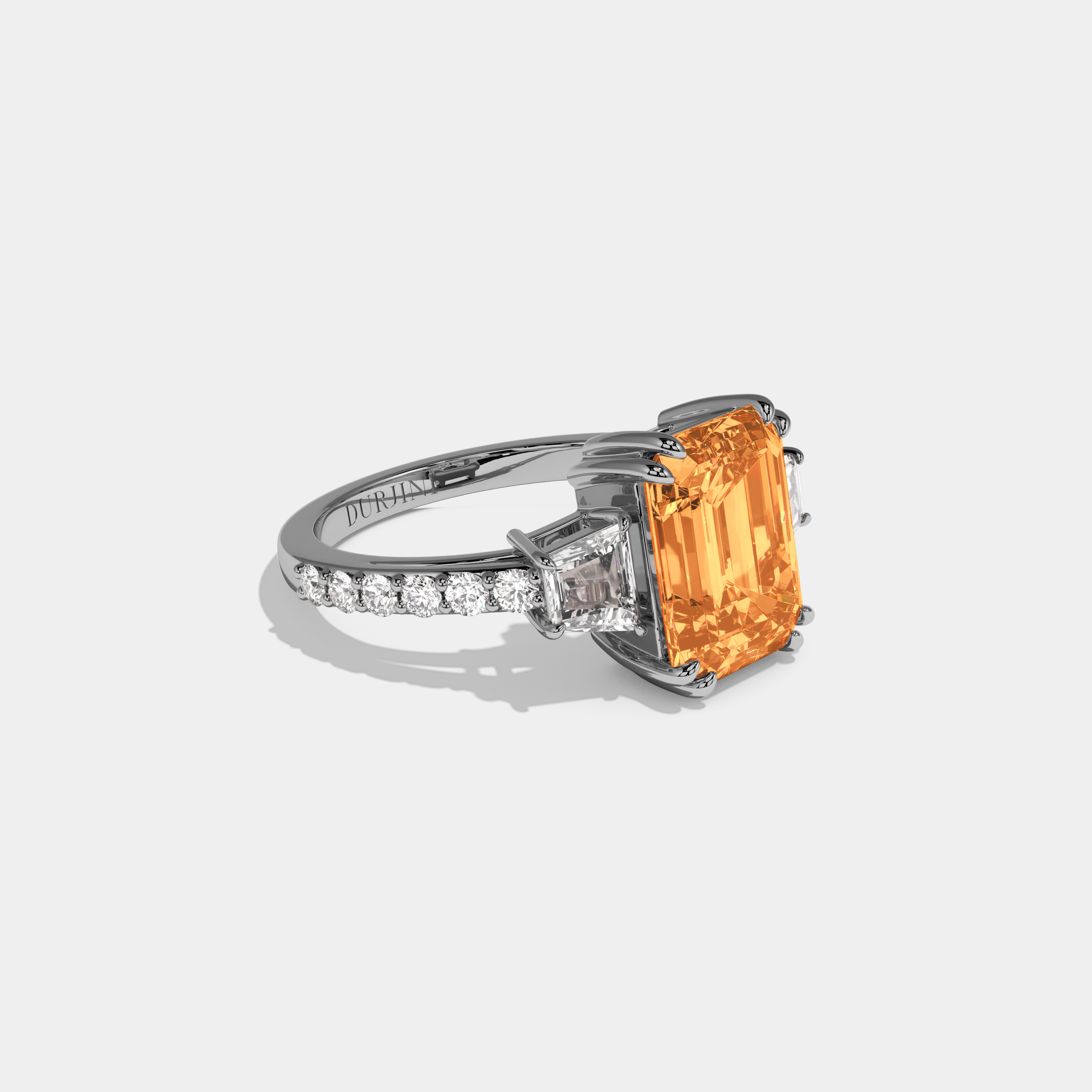 Caroline Fancy Orange Emerald Cut Diamond Band With Step Cut Sides Engagement Ring 7ct 18K White Gold