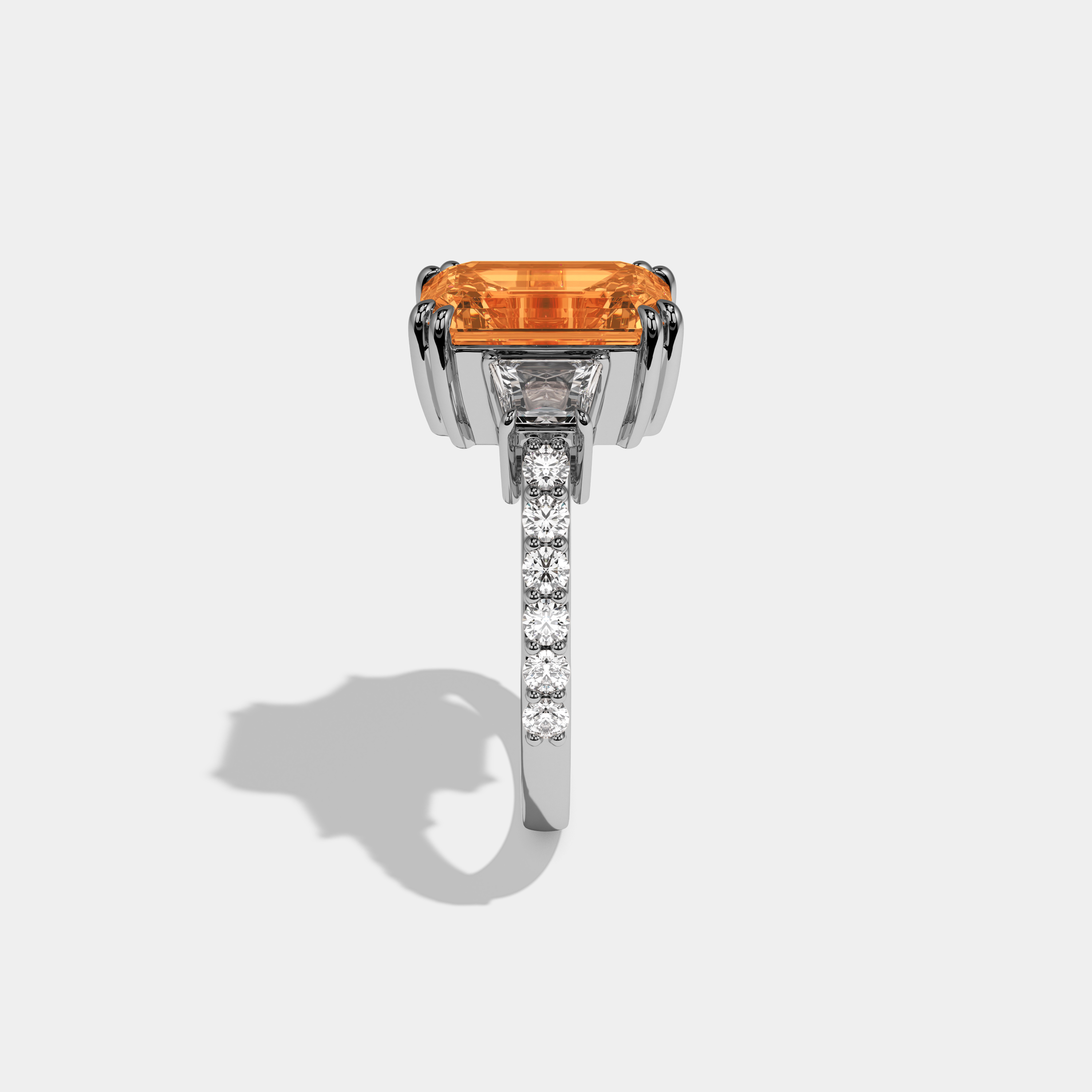 Caroline Fancy Orange Emerald Cut Diamond Band With Step Cut Sides Engagement Ring 7ct 18K White Gold