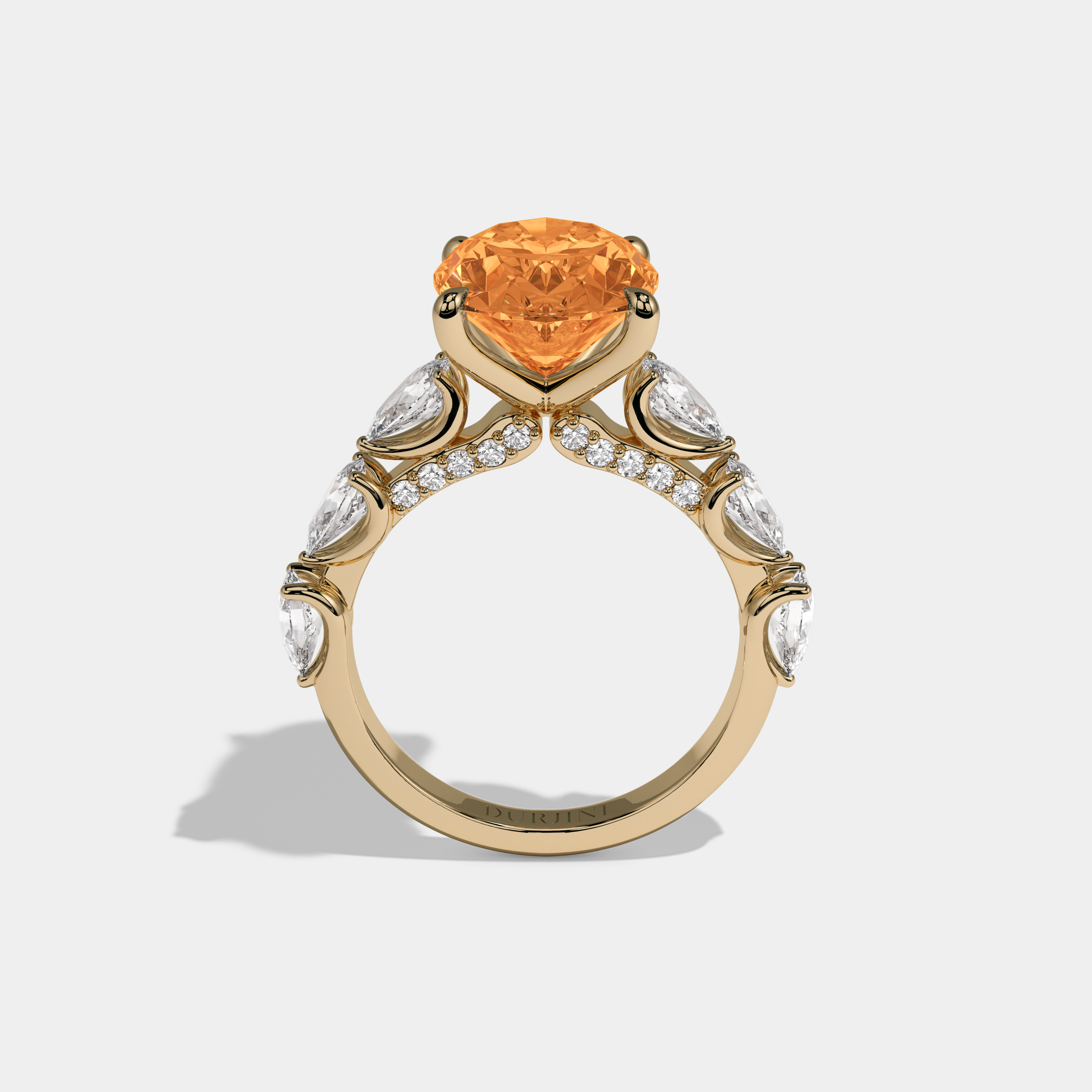 Matilda Fancy Orange Oval Cut Diamond Band With Pear Cuts Engagement Ring 6ct 18K Yellow Gold
