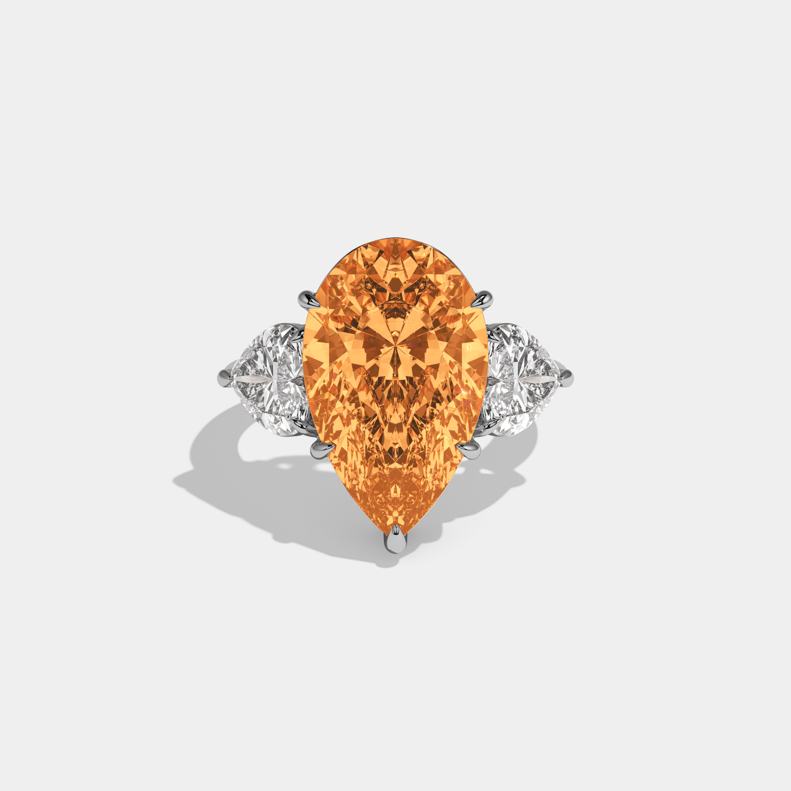 Eugenie Fancy Orange Pear Cut Diamond Plain Band With Heart Cut Sides Engagement Ring 6ct 18K White Gold