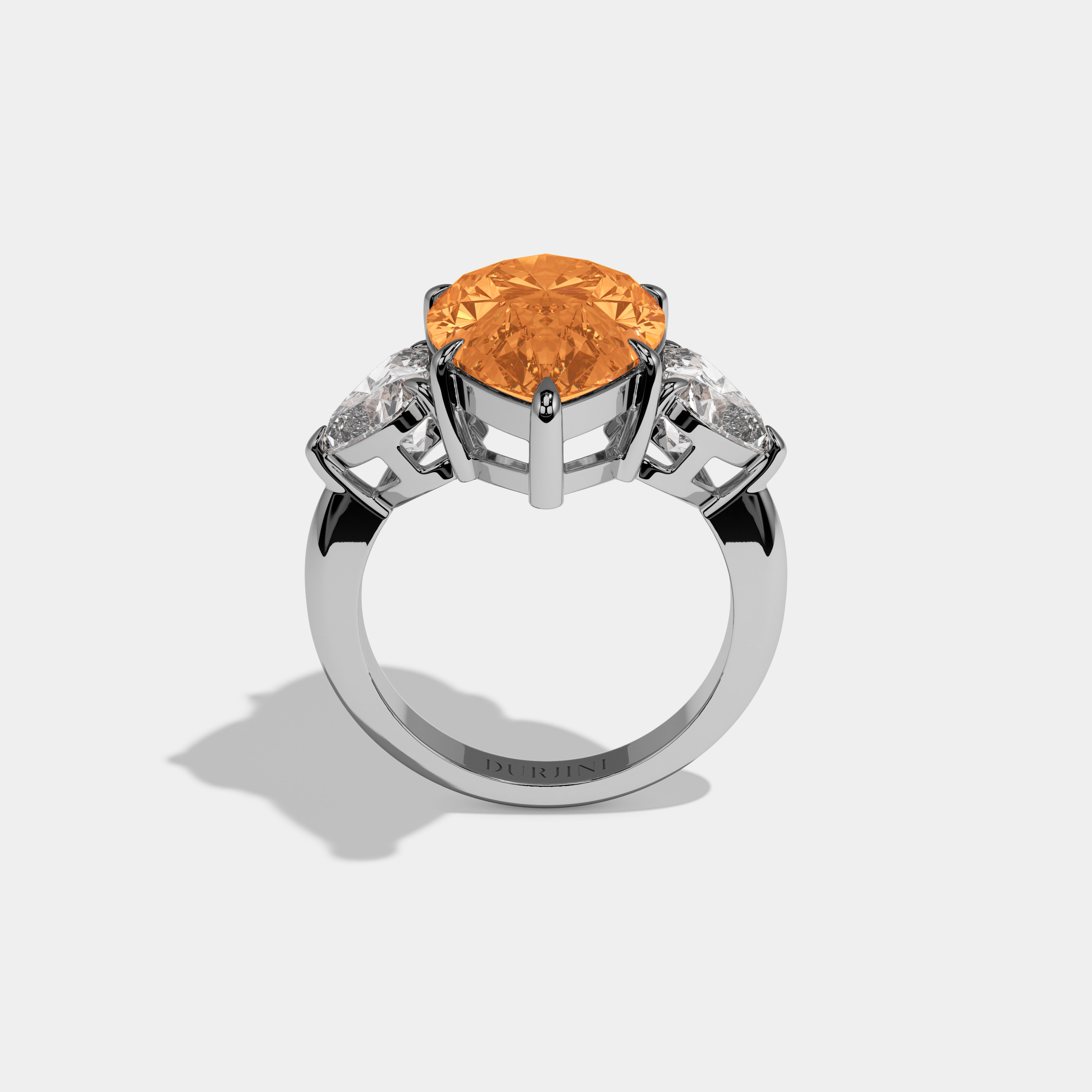 Eugenie Fancy Orange Pear Cut Diamond Plain Band With Heart Cut Sides Engagement Ring 6ct 18K White Gold