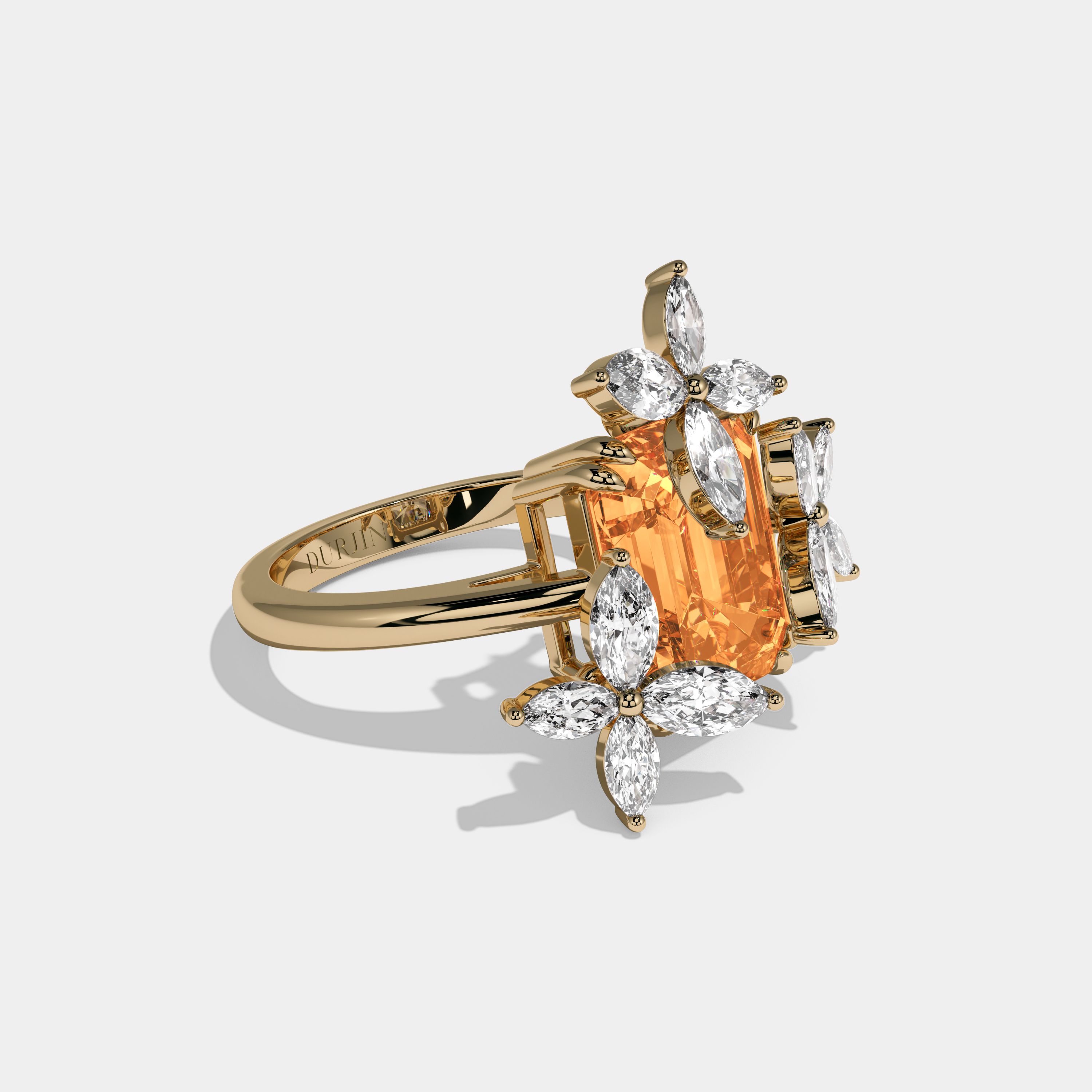 Isabella Fancy Orange Emerald Cut Floral Limited Edition Diamond Plain Band Engagement Ring 9ct 18K Yellow Gold
