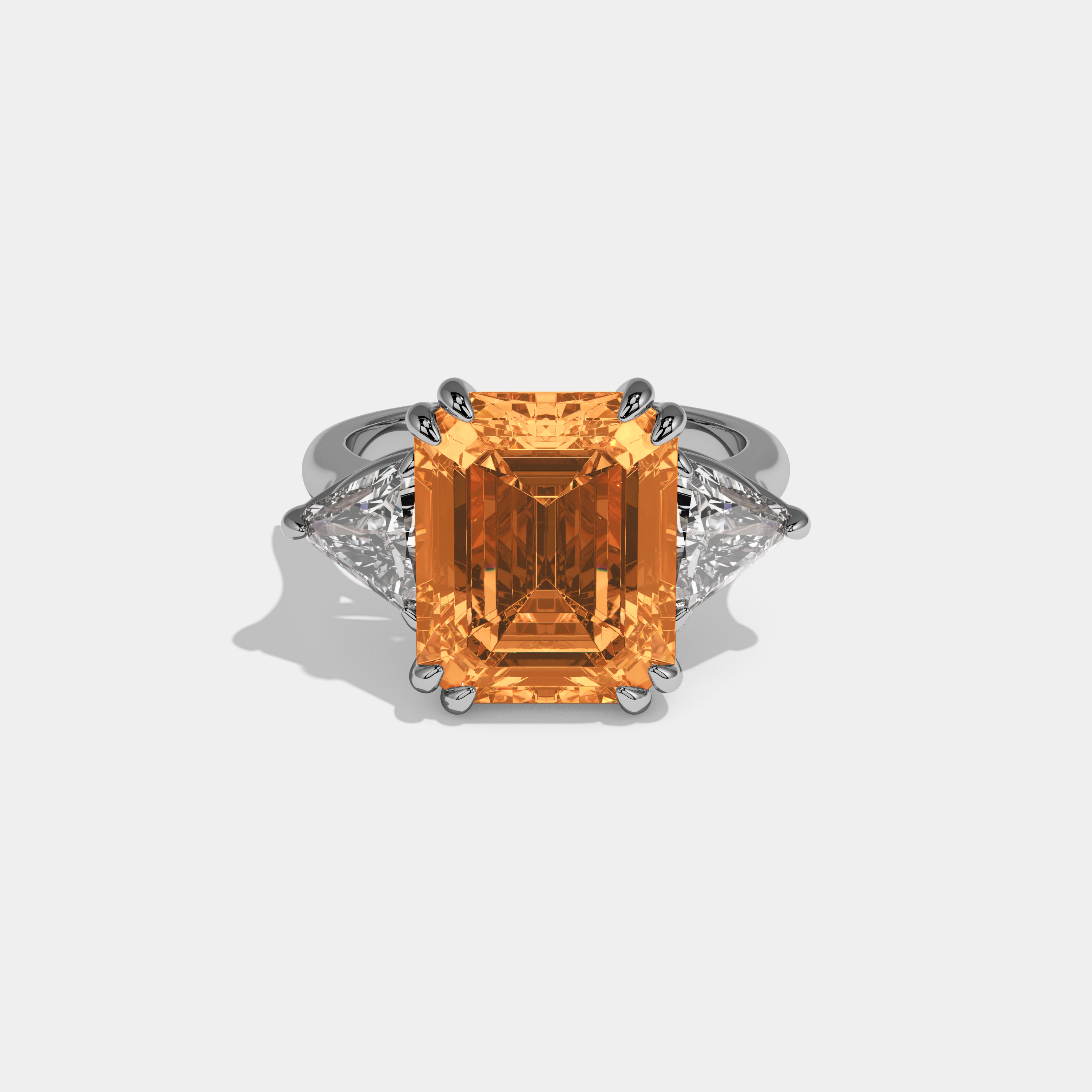 Catherine Fancy Orange Emerald Cut Diamond Plain Band With Triangle Cuts Engagement Ring 6.5ct 18K White Gold