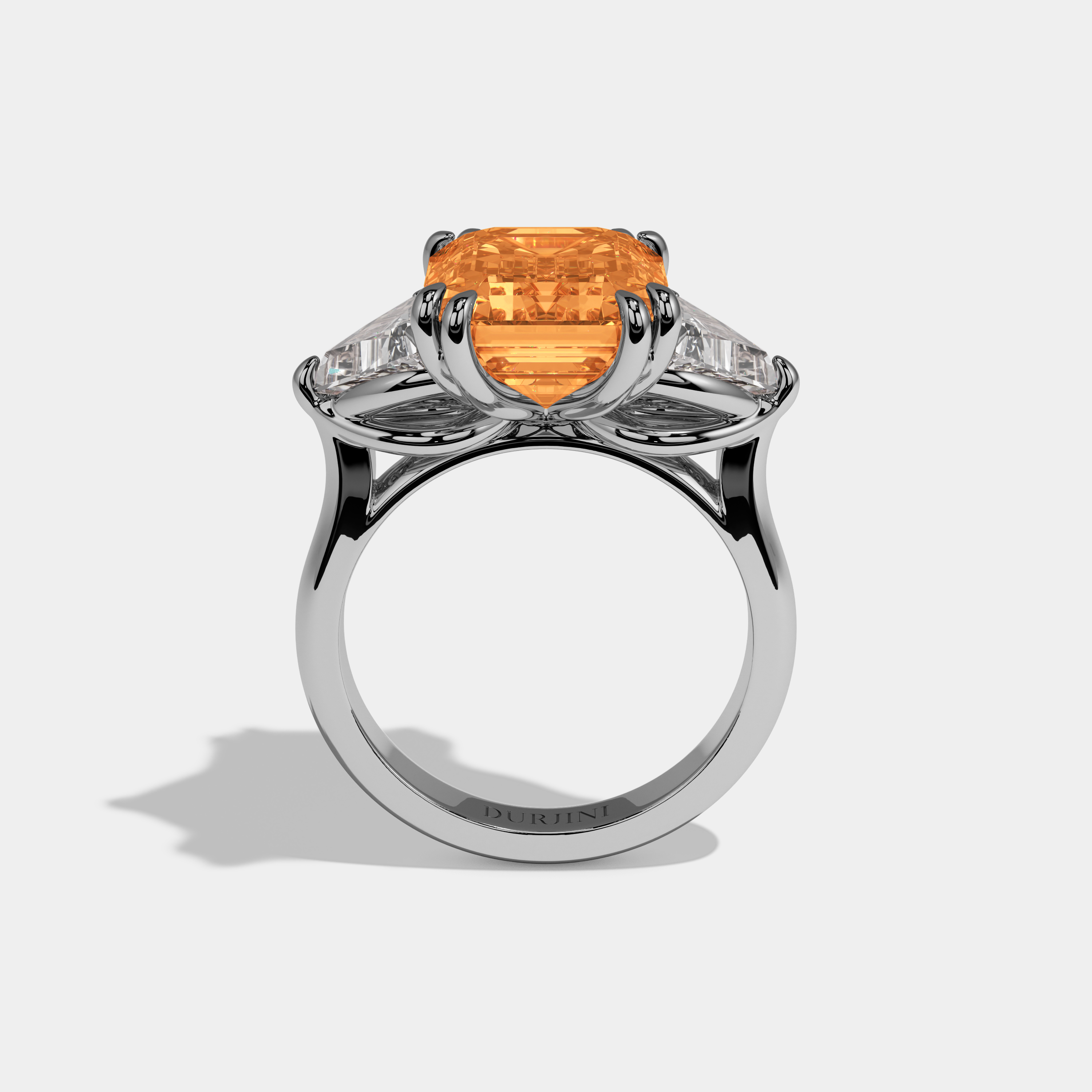 Catherine Fancy Orange Emerald Cut Diamond Plain Band With Triangle Cuts Engagement Ring 6.5ct 18K White Gold
