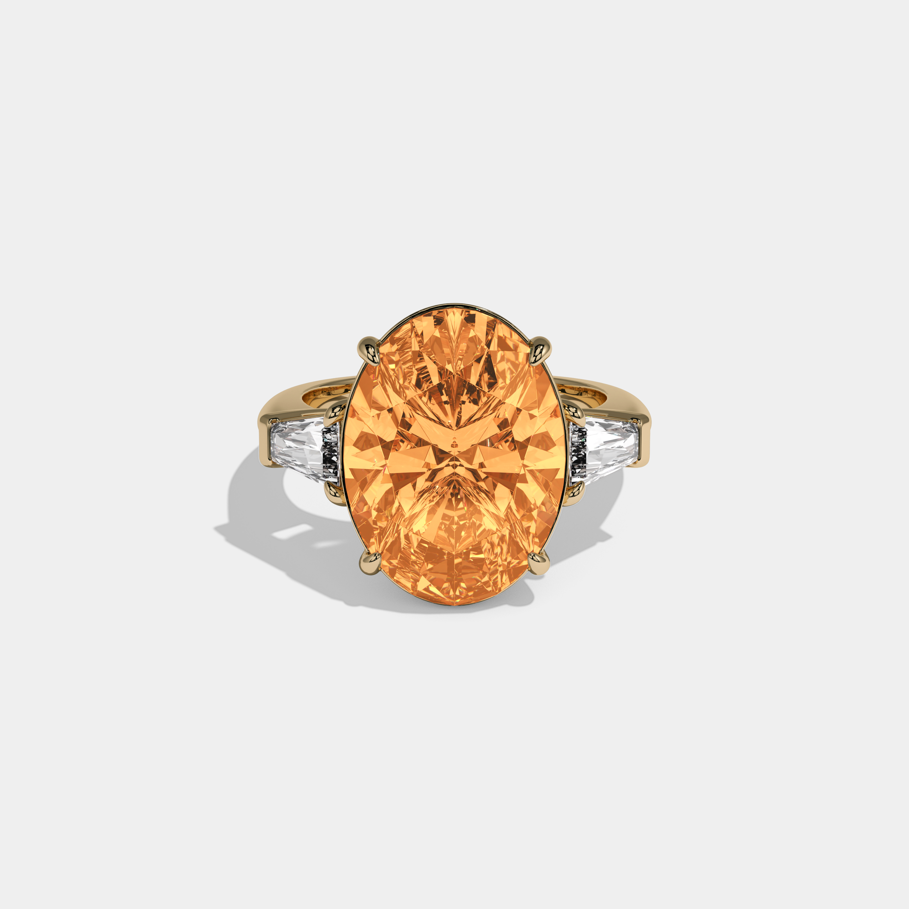 Isabella Fancy Orange Oval Cut Diamond Plain Band With Tapered Baguette Cut Sides Engagement Ring 8ct 18K Yellow Gold
