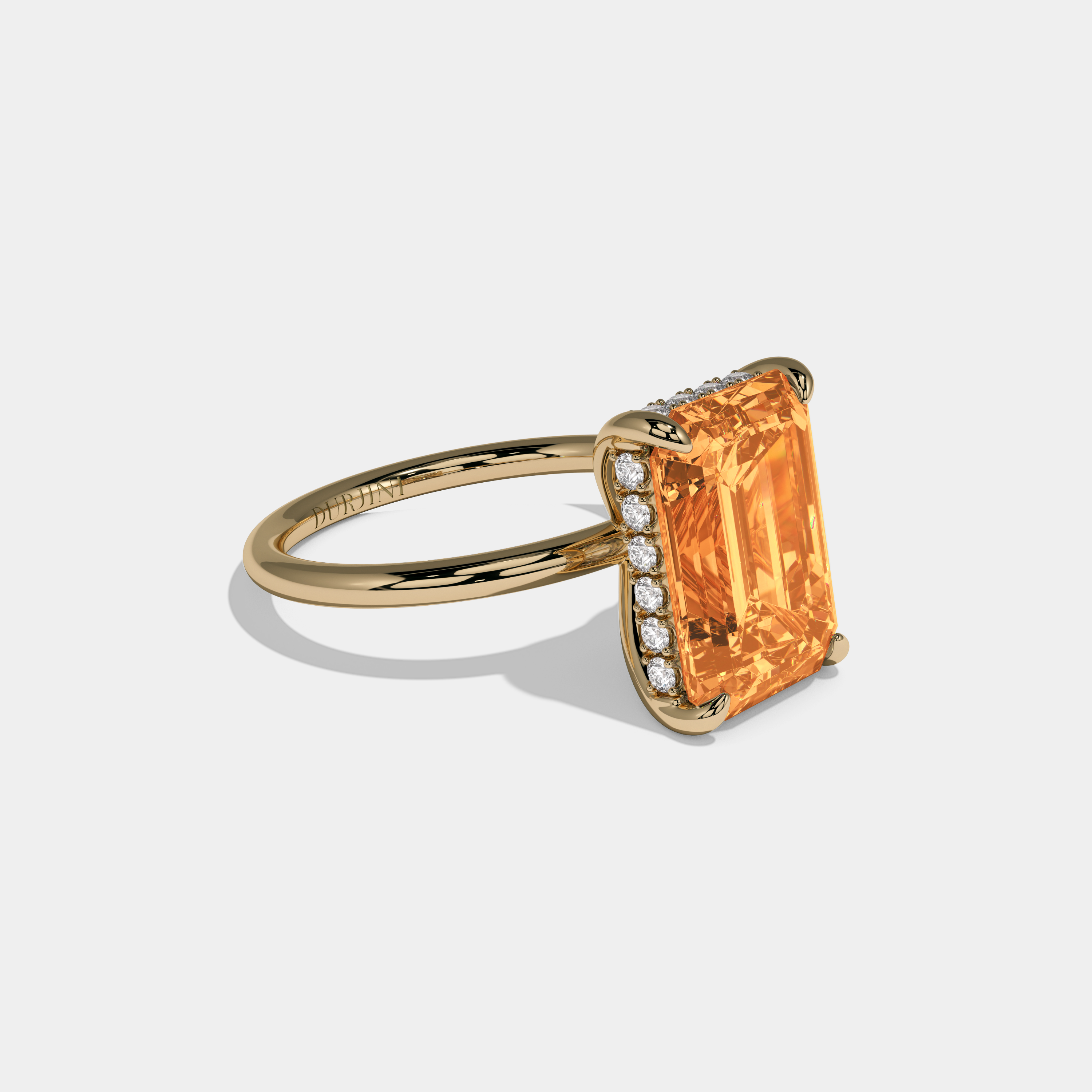 Isabella Fancy Orange Emerald Brilliant Cut Diamond Plain Band With Hidden Halo 6.5ct 18K Yellow Gold