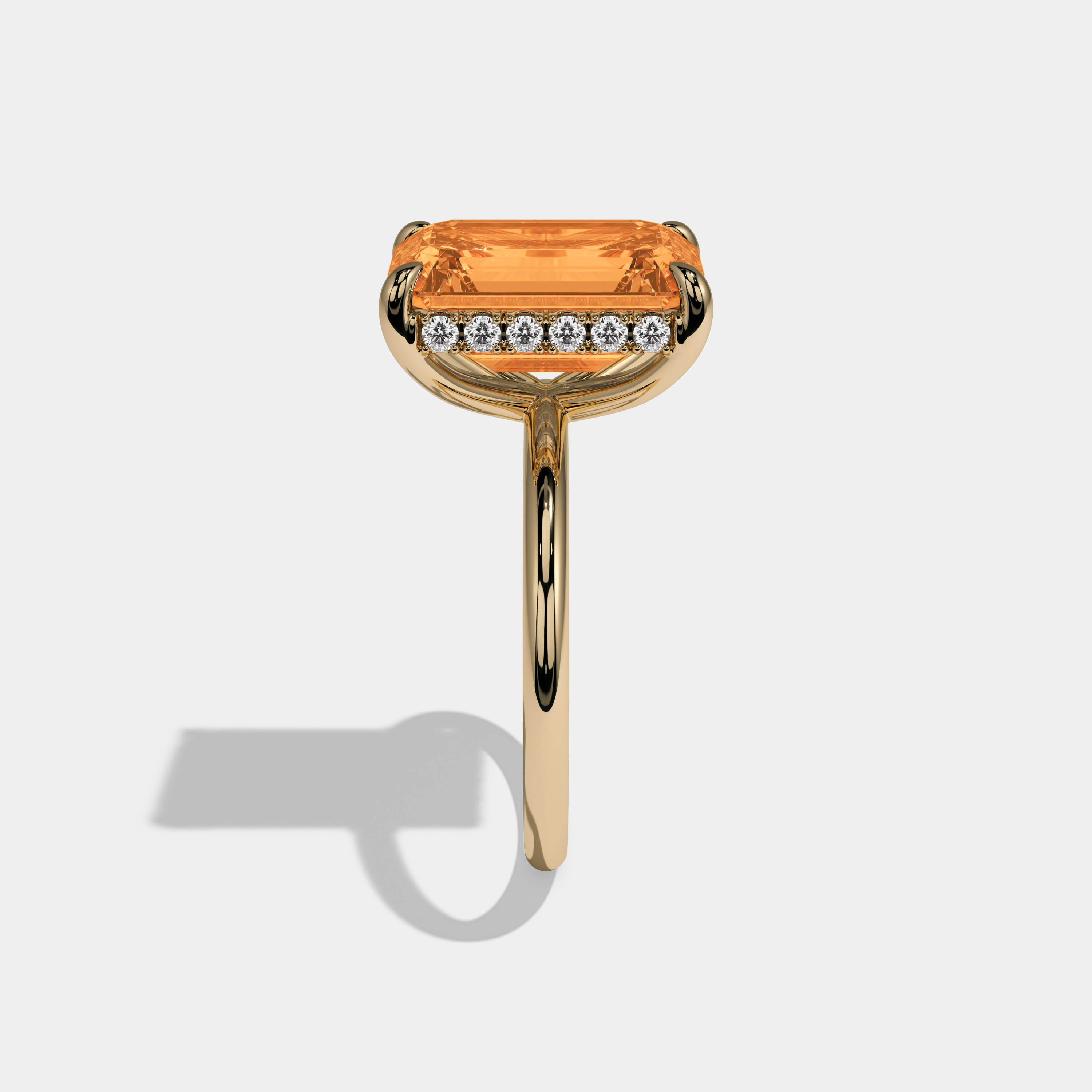 Isabella Fancy Orange Emerald Brilliant Cut Diamond Plain Band With Hidden Halo 6.5ct 18K Yellow Gold
