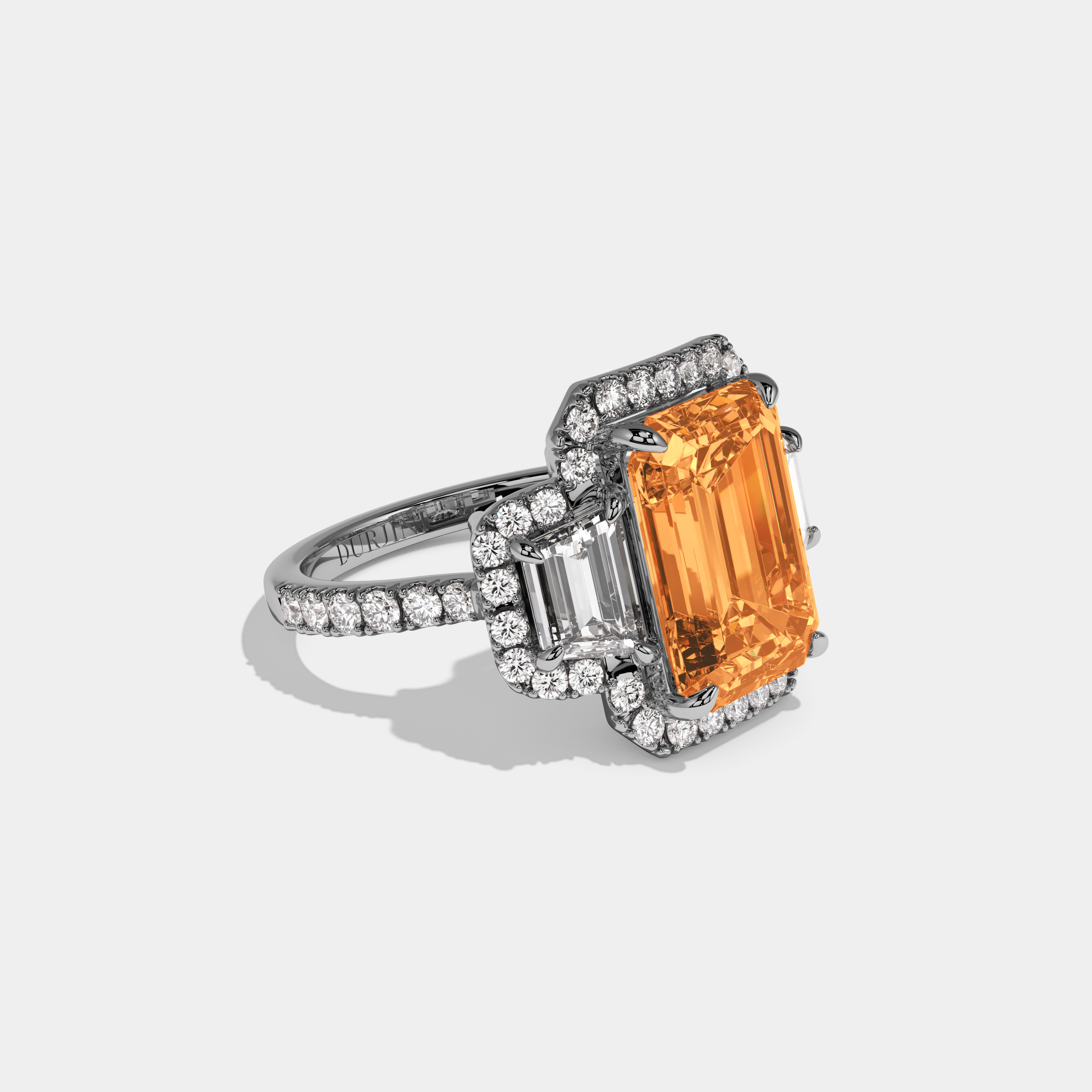 Diana Fancy Orange Emerald Cut Diamond Band With Halo Engagement Ring 8ct 18K White Gold