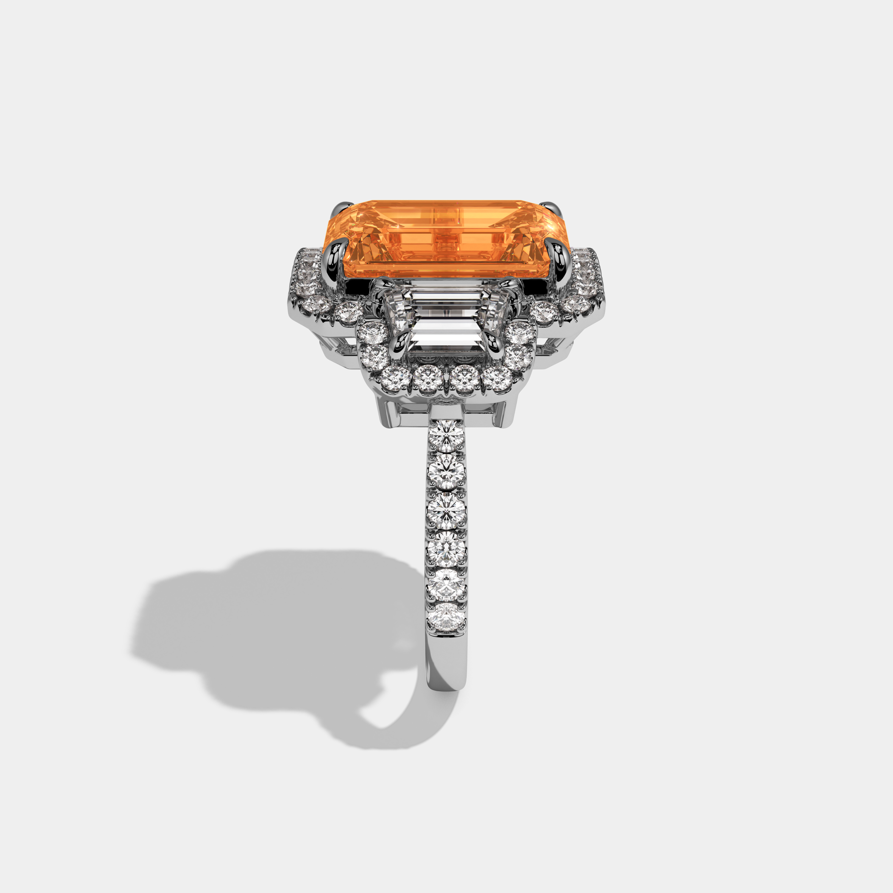 Diana Fancy Orange Emerald Cut Diamond Band With Halo Engagement Ring 8ct 18K White Gold