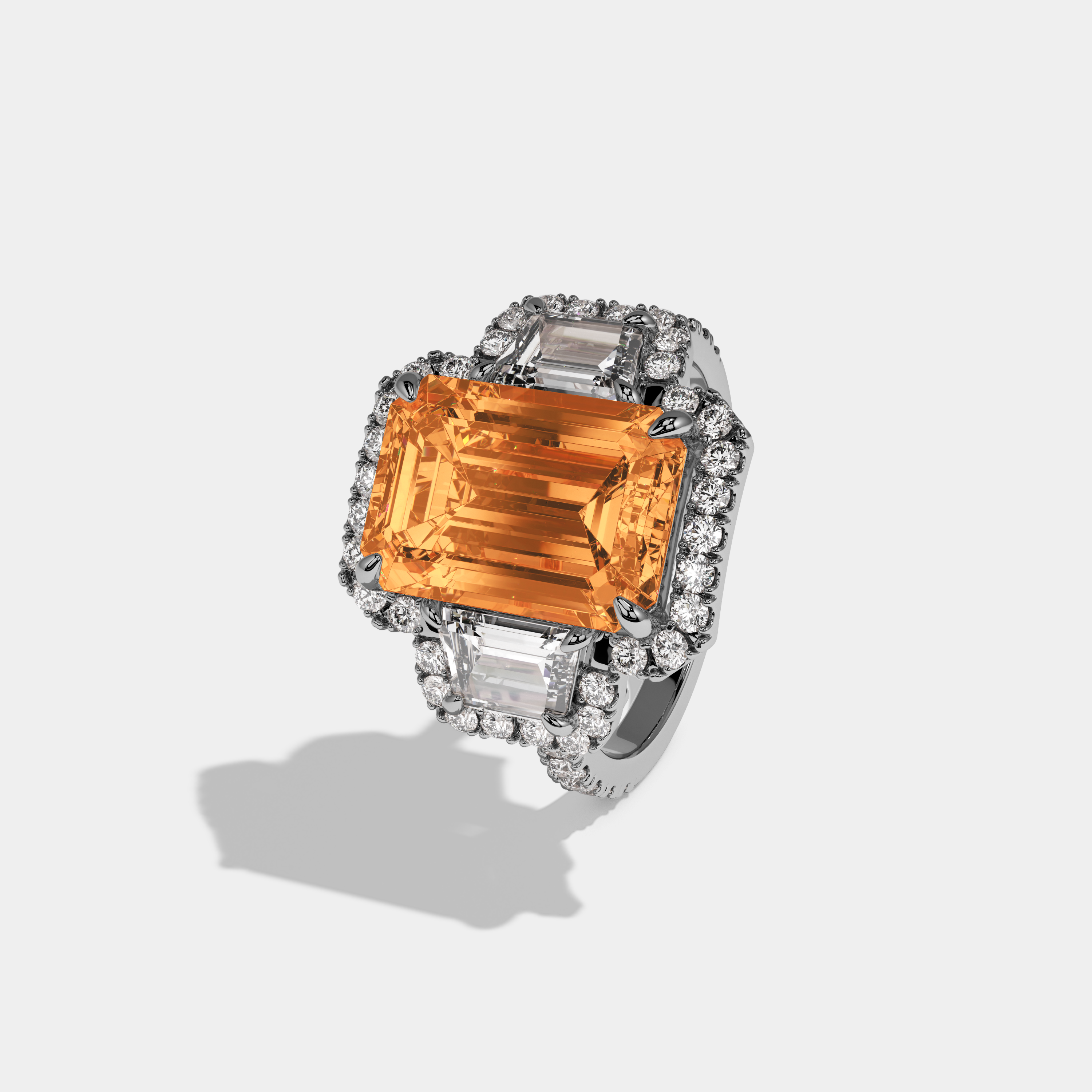 Diana Fancy Orange Emerald Cut Diamond Band With Halo Engagement Ring 8ct 18K White Gold