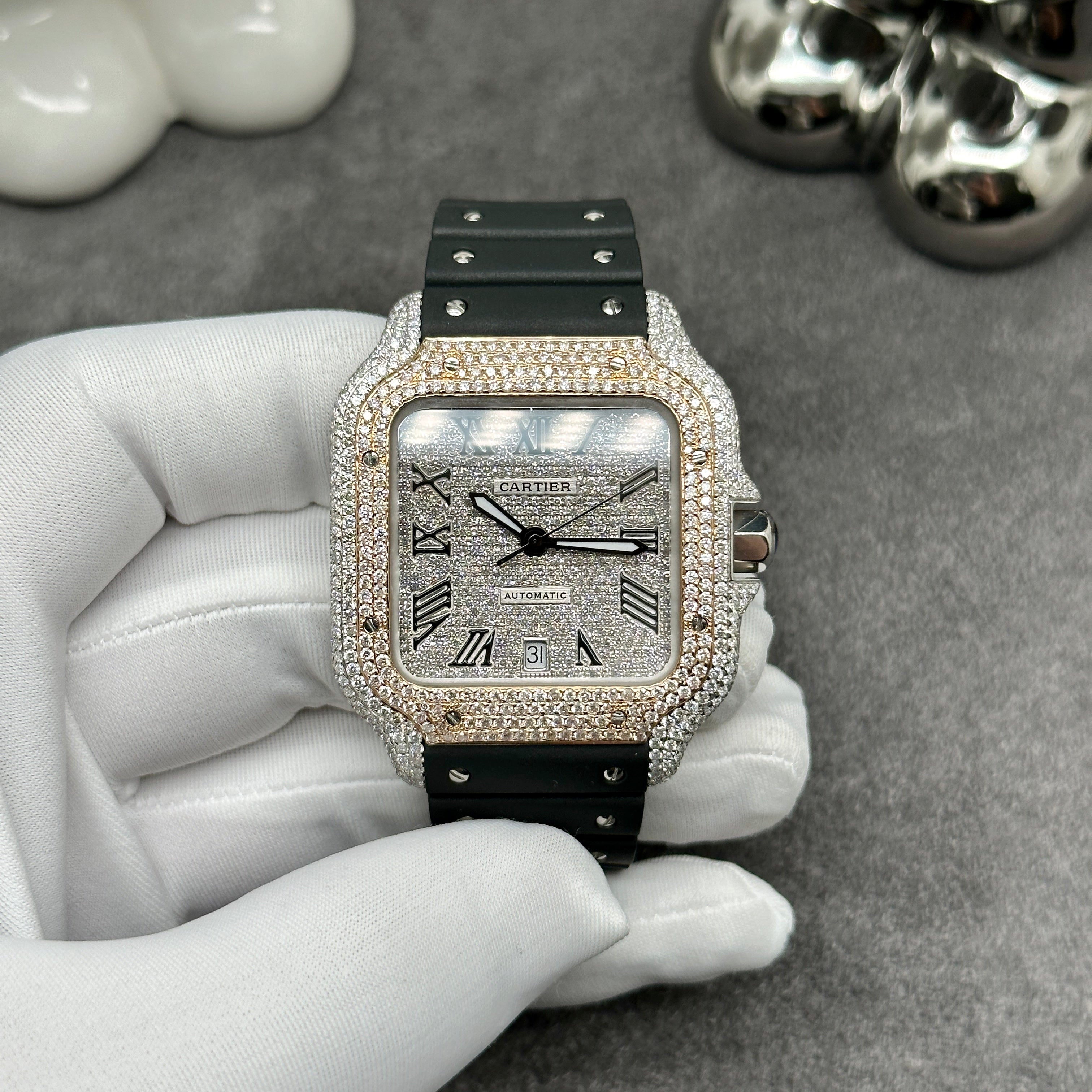 Custom Cartier Santos XL Diamond Pave Set w/Leather Band