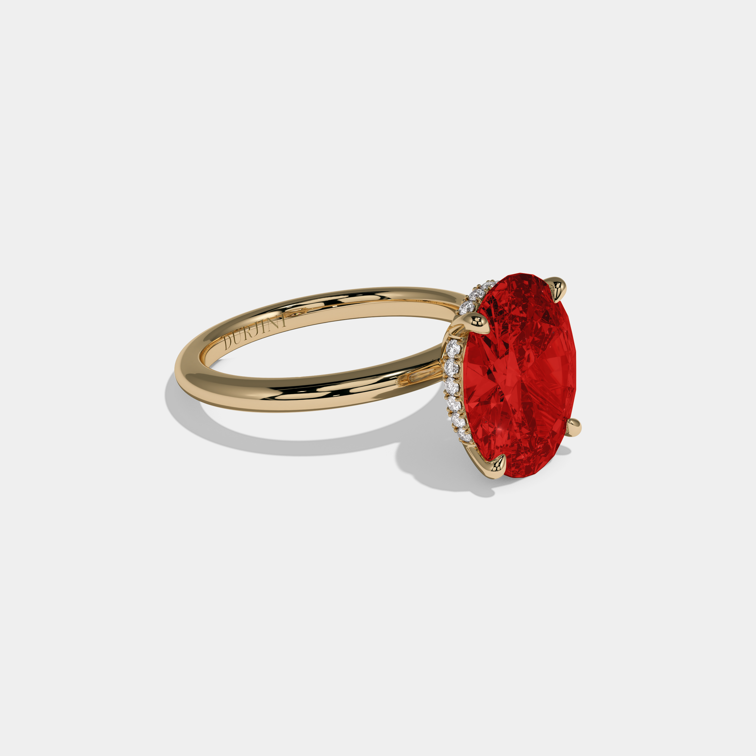 Eleanor Fancy Red Oval Cut Diamond Plain Band Engagement Ring 6.5ct 18K Yellow Gold