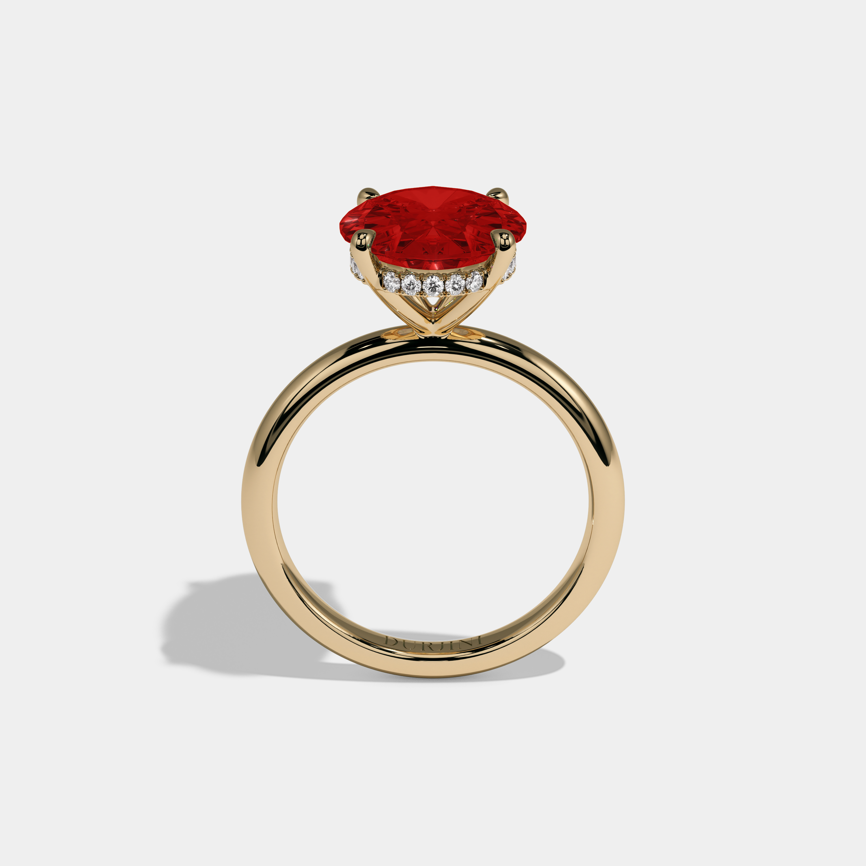 Eleanor Fancy Red Oval Cut Diamond Plain Band Engagement Ring 6.5ct 18K Yellow Gold