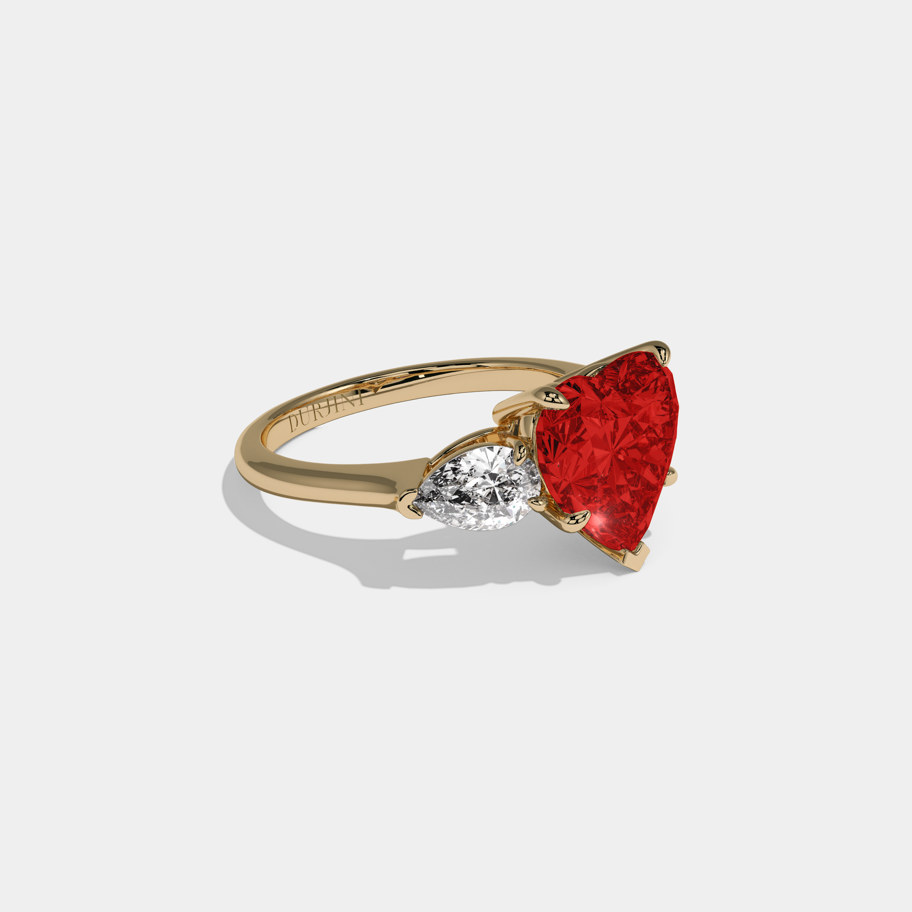 Eleanor Fancy Red Heart Cut Diamond Plain Band With Pear Cut Sides Engagement Ring 8ct 18K Yellow Gold