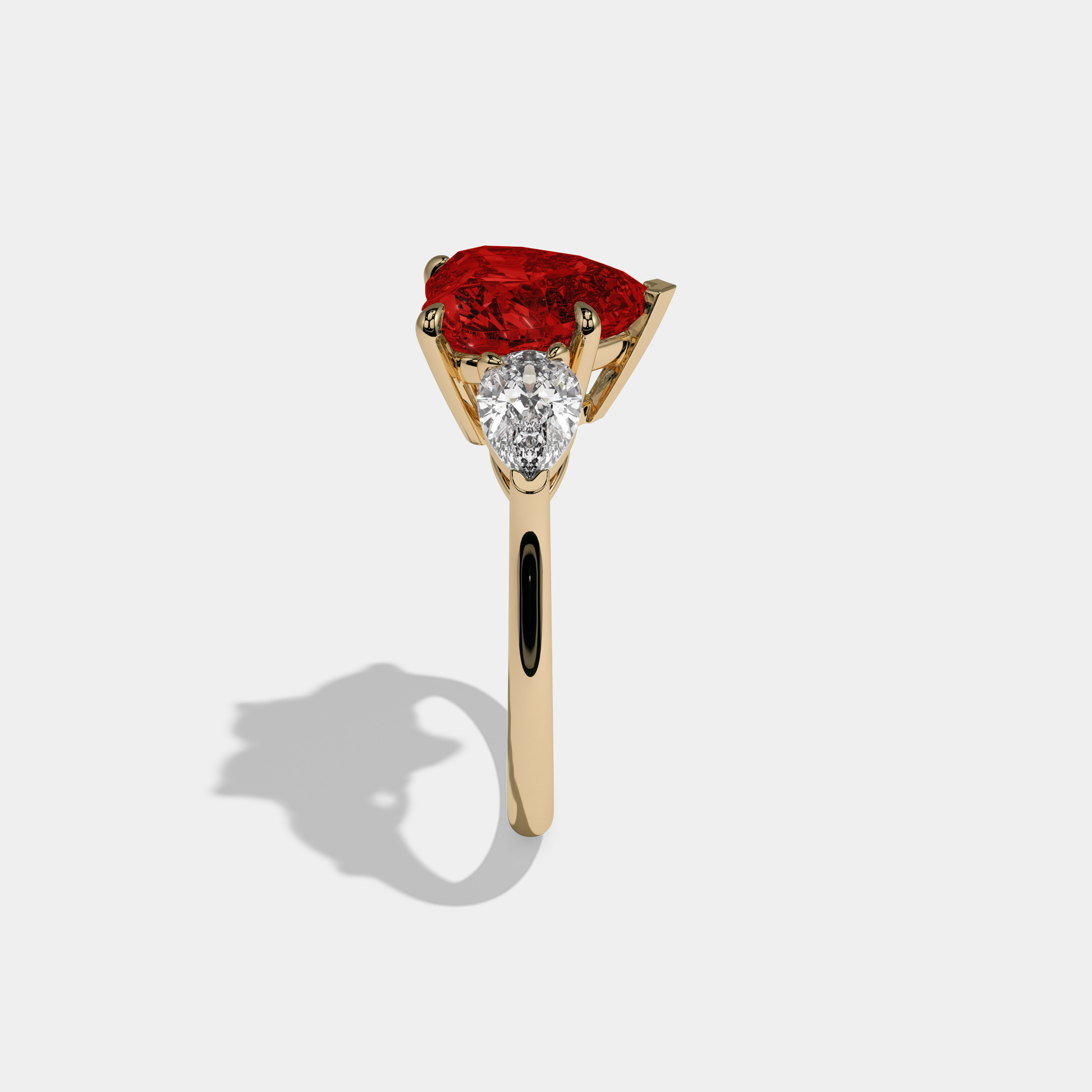 Eleanor Fancy Red Heart Cut Diamond Plain Band With Pear Cut Sides Engagement Ring 8ct 18K Yellow Gold