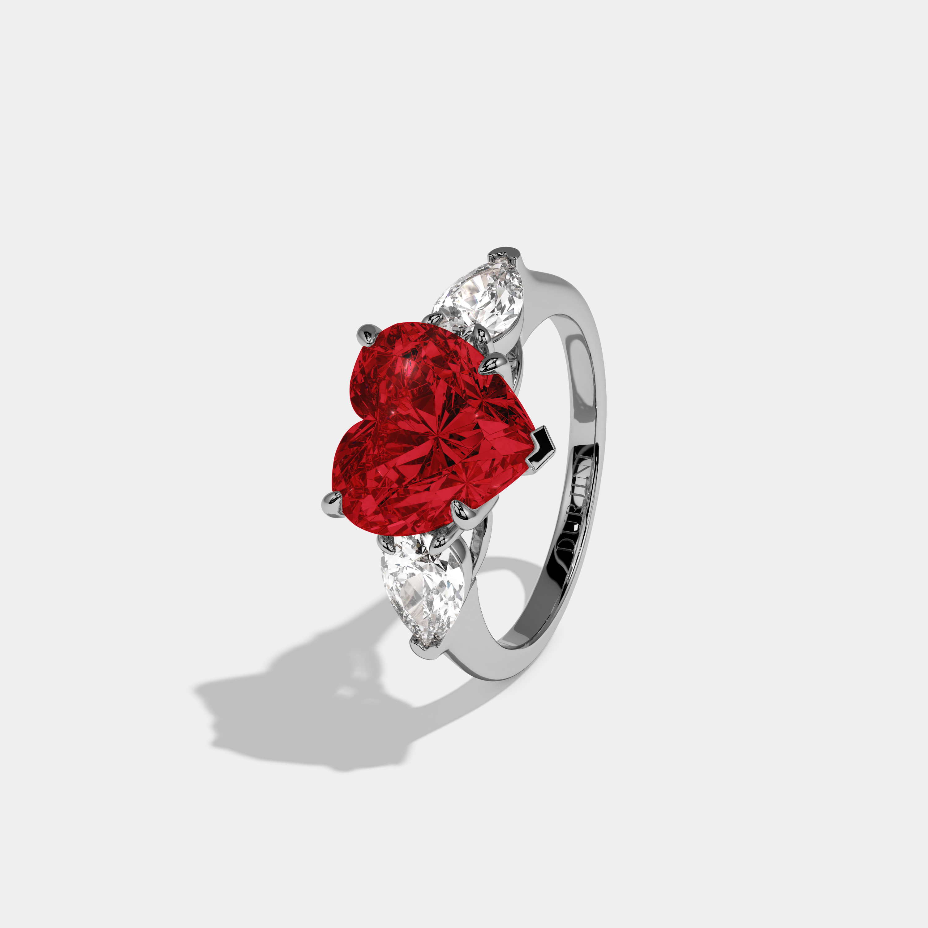 Anne Fancy Red Heart Cut Diamond Plain Band With Pear Cut Sides Engagement Ring 8ct 18K White Gold