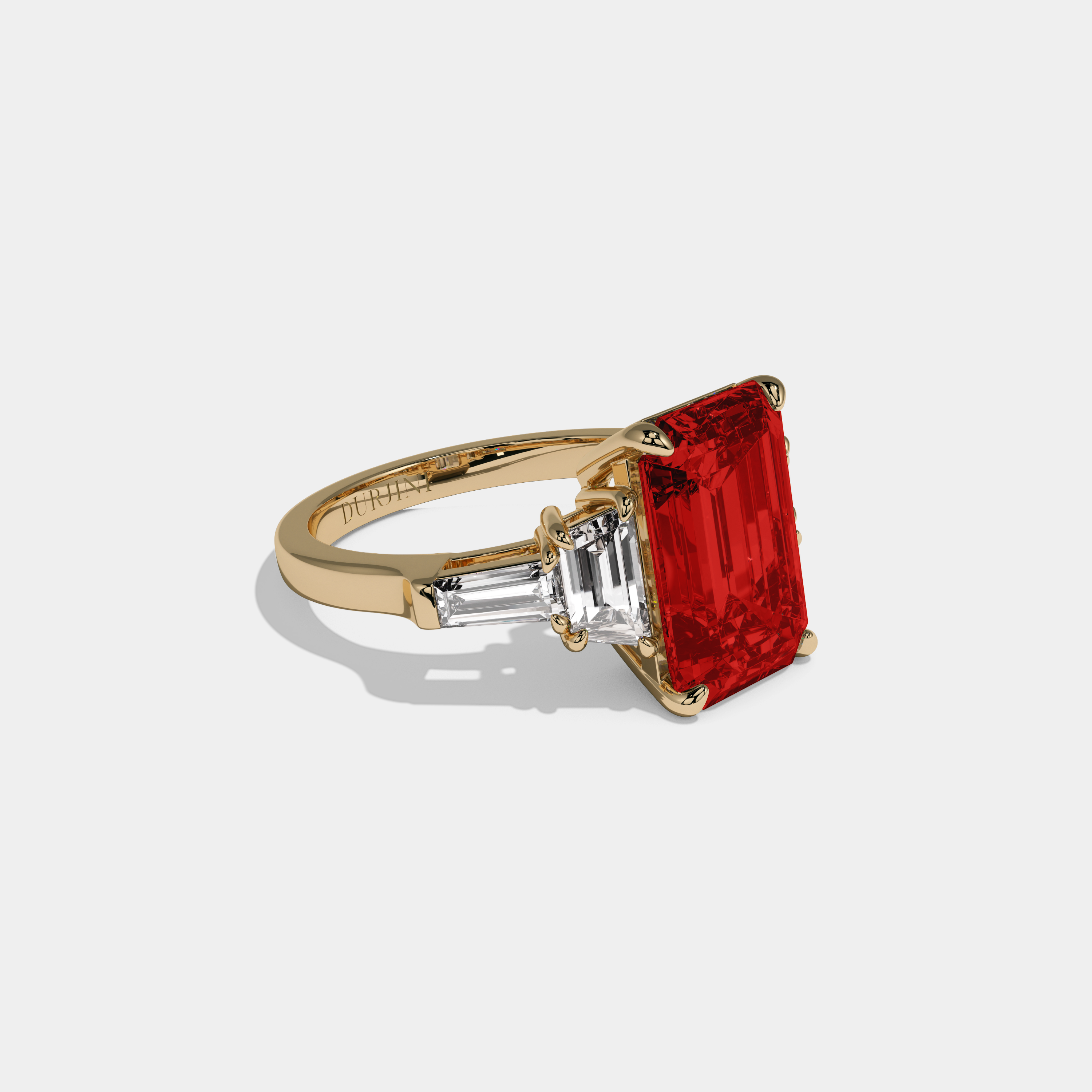 Eleanor Fancy Red Emerald Cut Diamond Plain Band With Step Cut Sides Engagement Ring 8ct 18K Yellow Gold