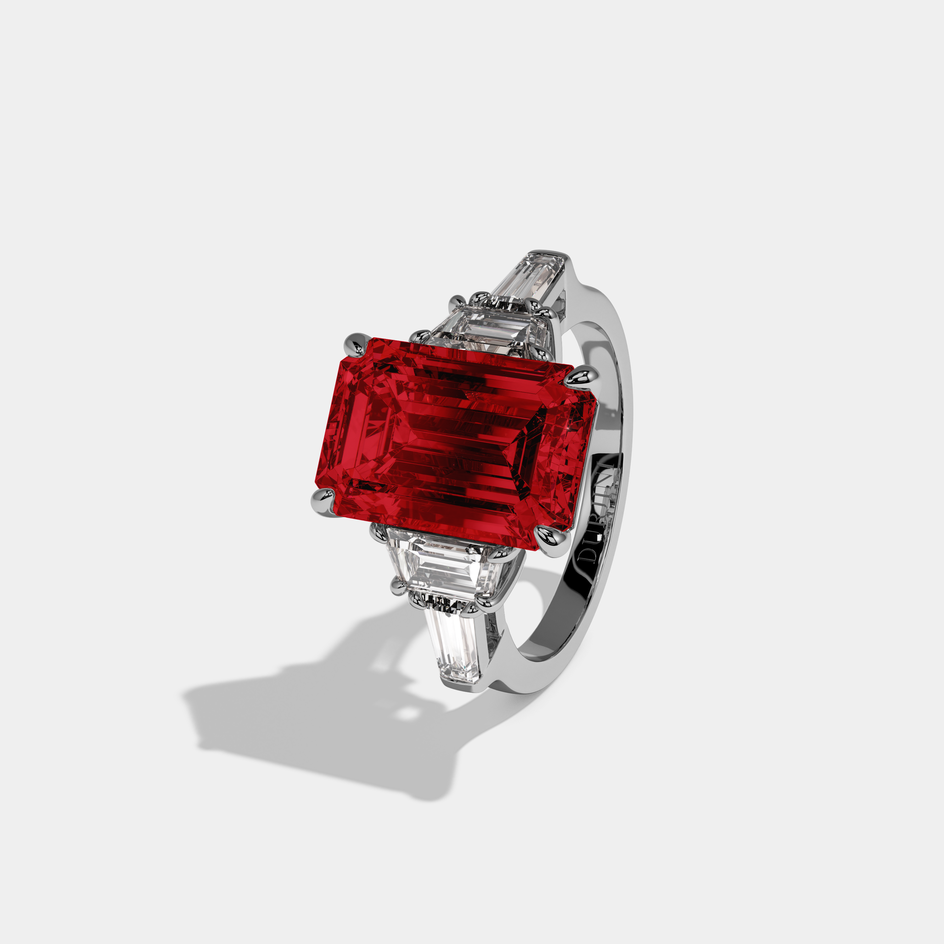 Anne Fancy Red Emerald Cut Diamond Plain Band With Step Cut Sides Engagement Ring 8ct 18K White Gold