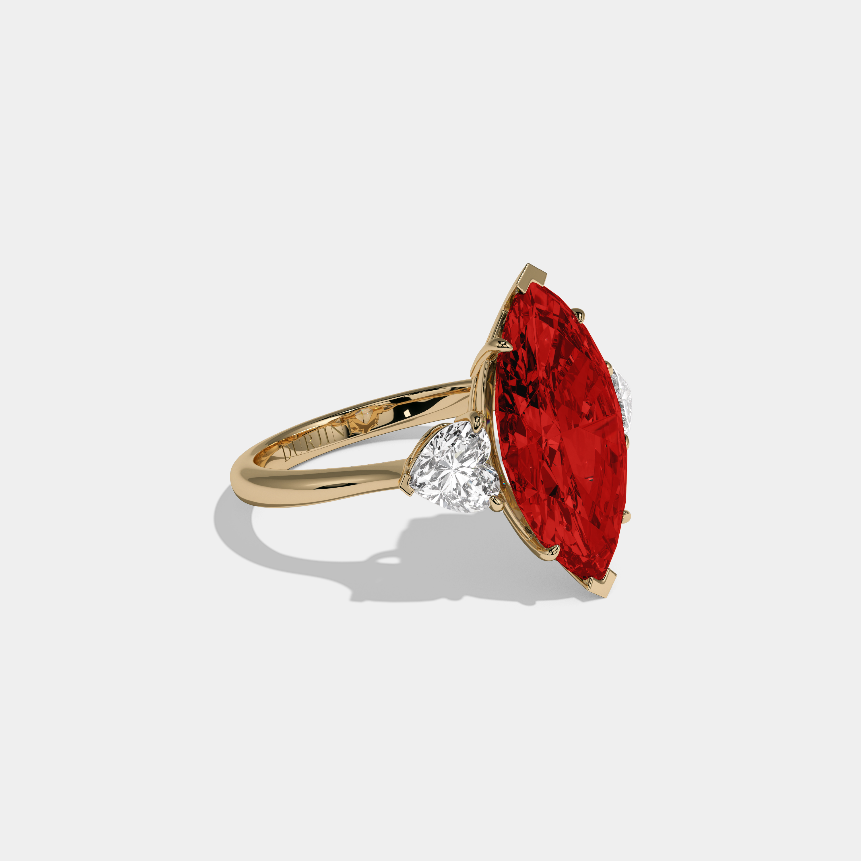 Eleanor Fancy Red Marquise Cut Diamond Plain Band With Heart Cut Sides Engagement Ring 8ct 18K Yellow Gold