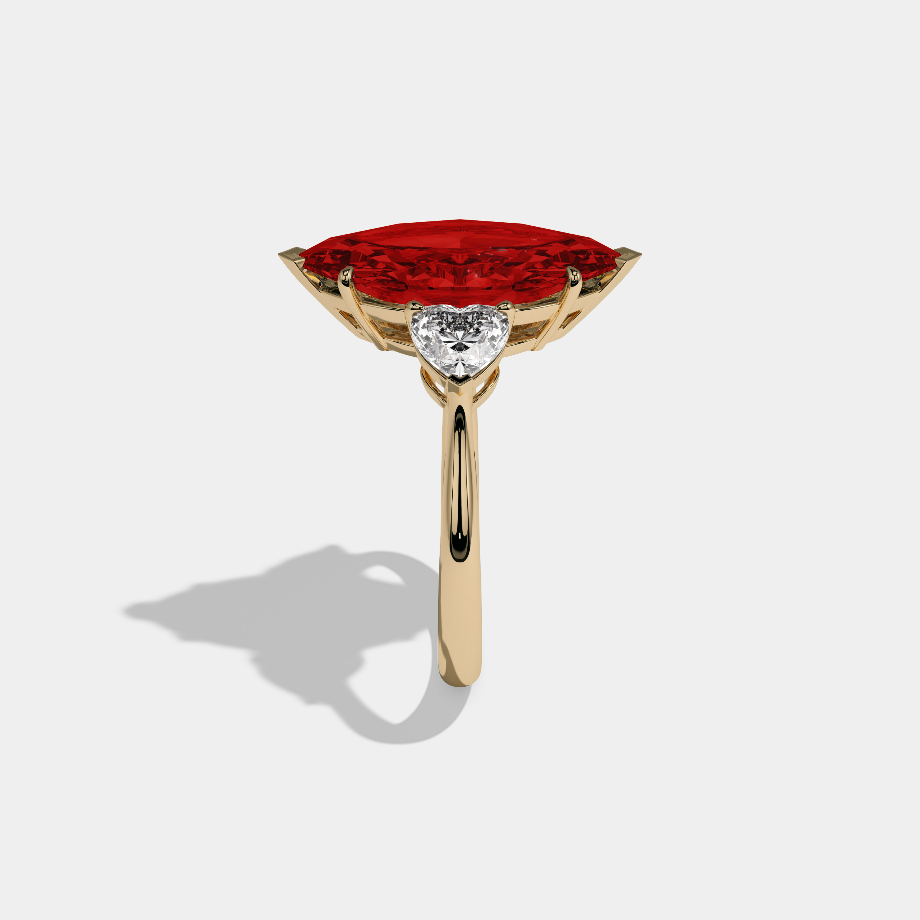 Eleanor Fancy Red Marquise Cut Diamond Plain Band With Heart Cut Sides Engagement Ring 8ct 18K Yellow Gold