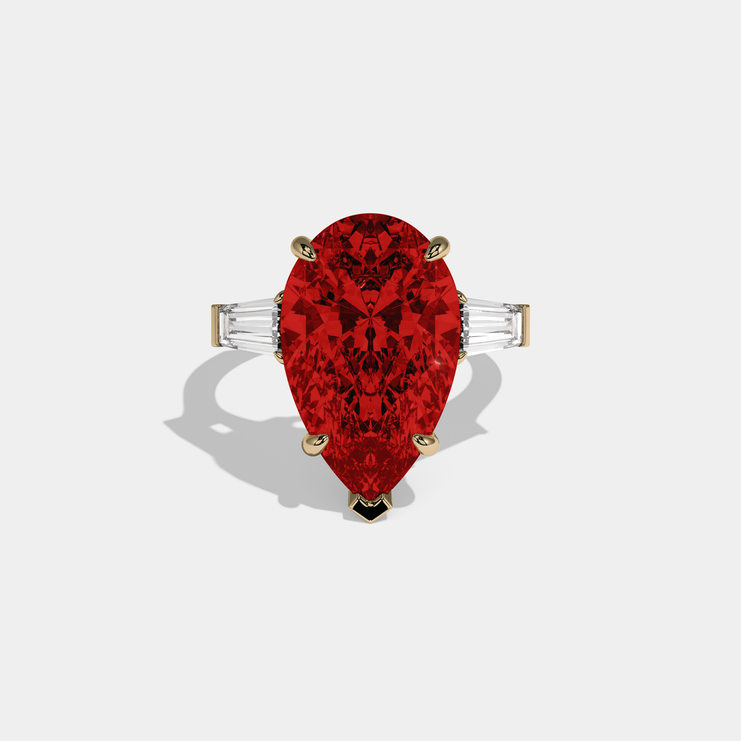 Philippa Fancy Red Pear Cut Diamond Plain Band With Baguette Cut Sides Engagement Ring 8ct 18k Yellow Gold