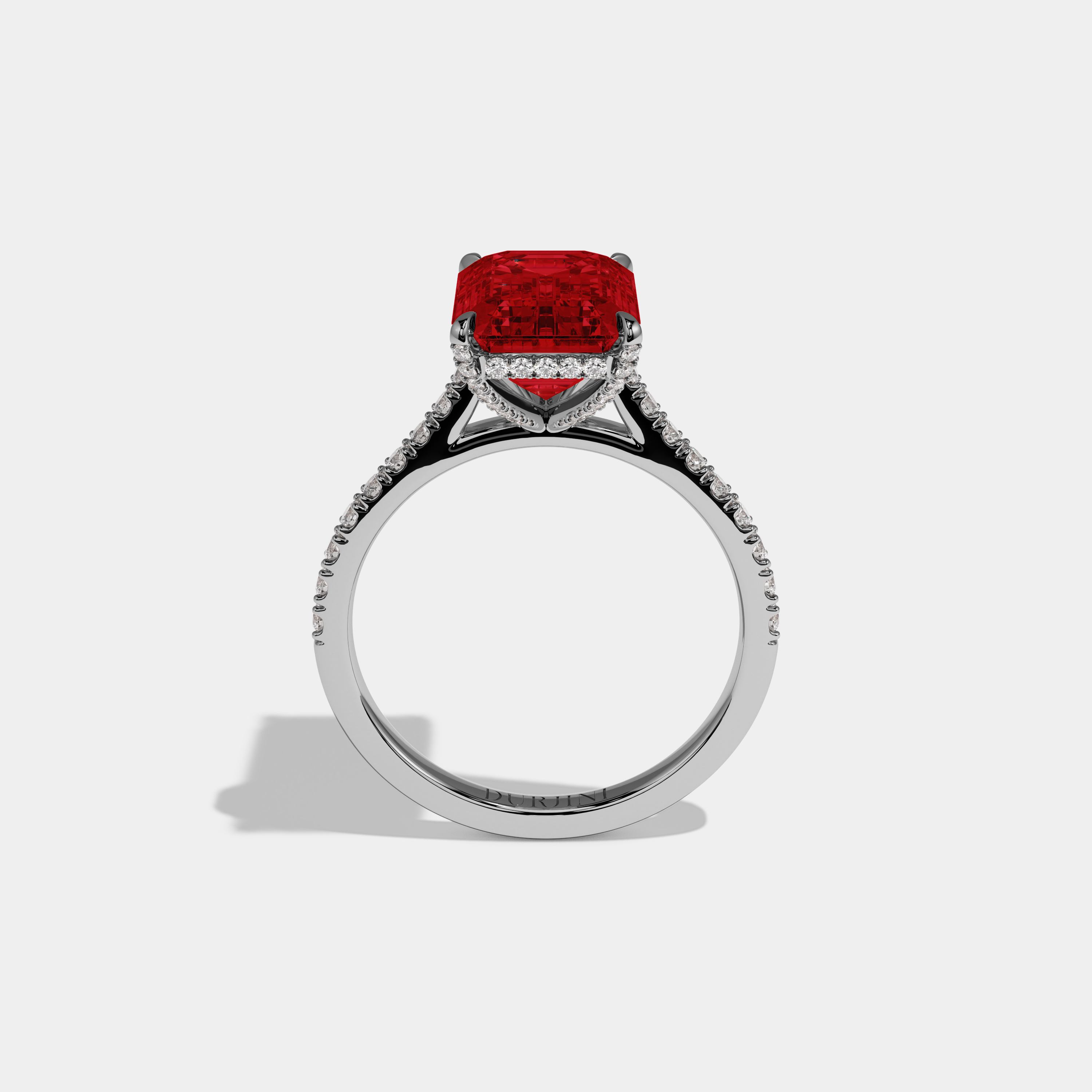 Elizabeth Fancy Red Emerald Cut Diamond Band Engagement Ring 8ct 18k White Gold