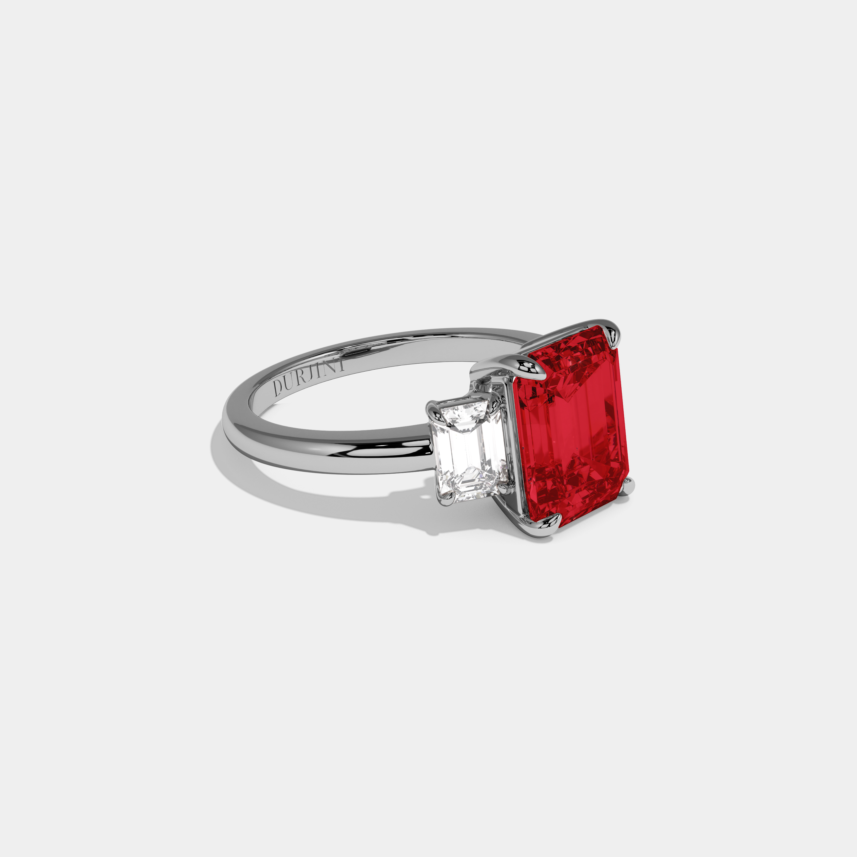 Isabella Fancy Red Emerald Cut Diamond Plain Band With Emerald Cut Sides Engagement Ring 8ct 18k White Gold