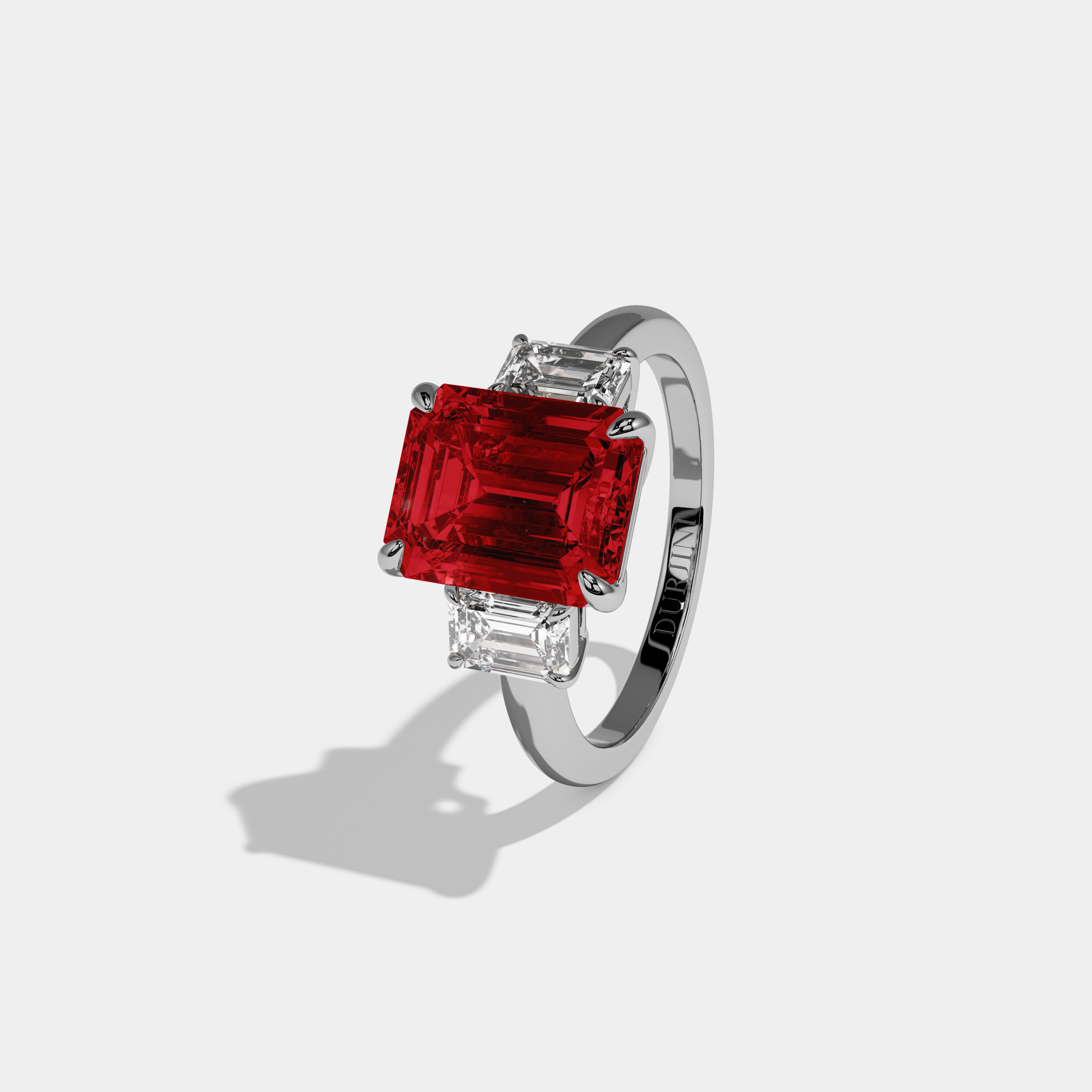 Isabella Fancy Red Emerald Cut Diamond Plain Band With Emerald Cut Sides Engagement Ring 8ct 18k White Gold