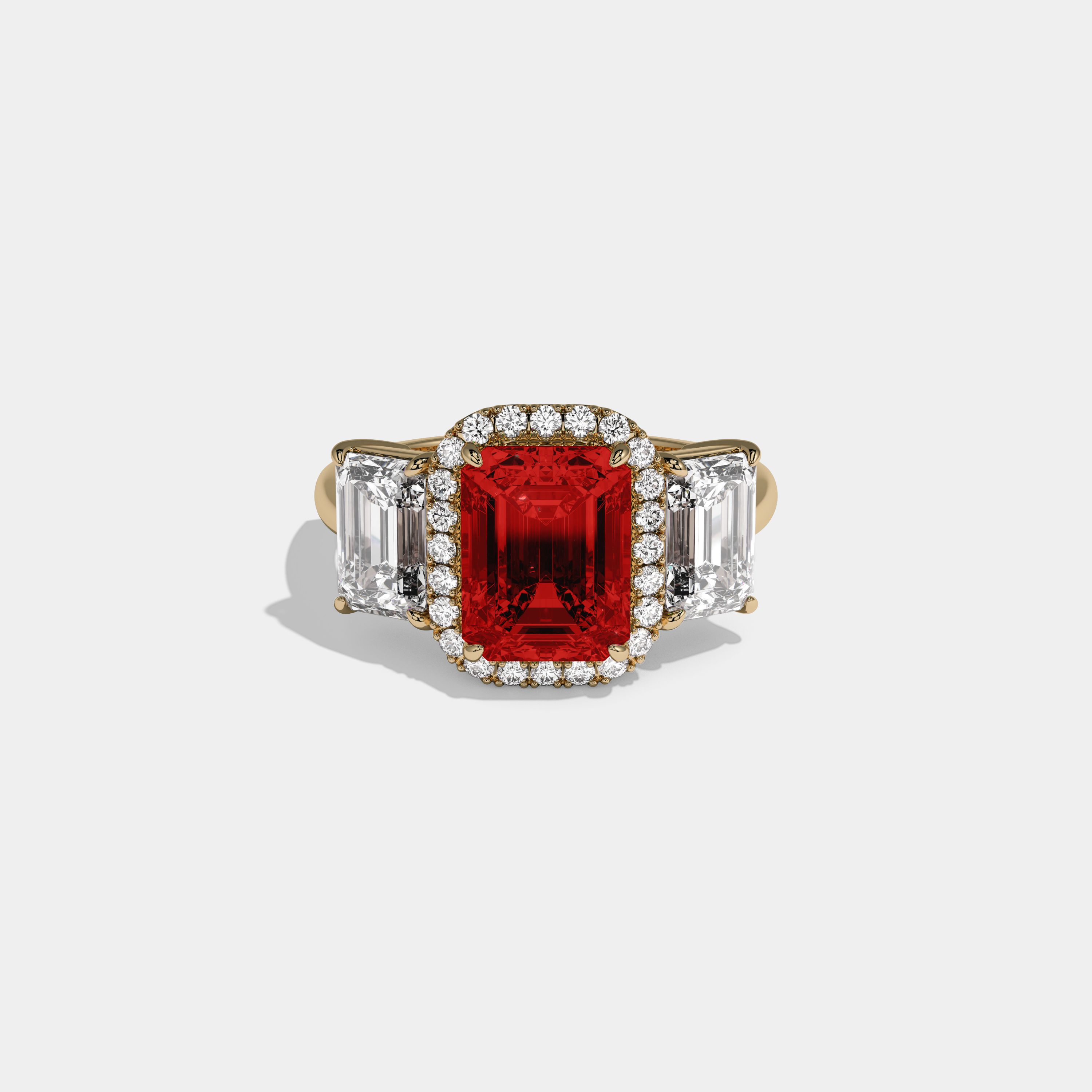 Elizabeth Fancy Red Emerald Cut Diamond Plain Band With Emerald Cut Sides Engagement Ring 8ct 18K Yellow Gold