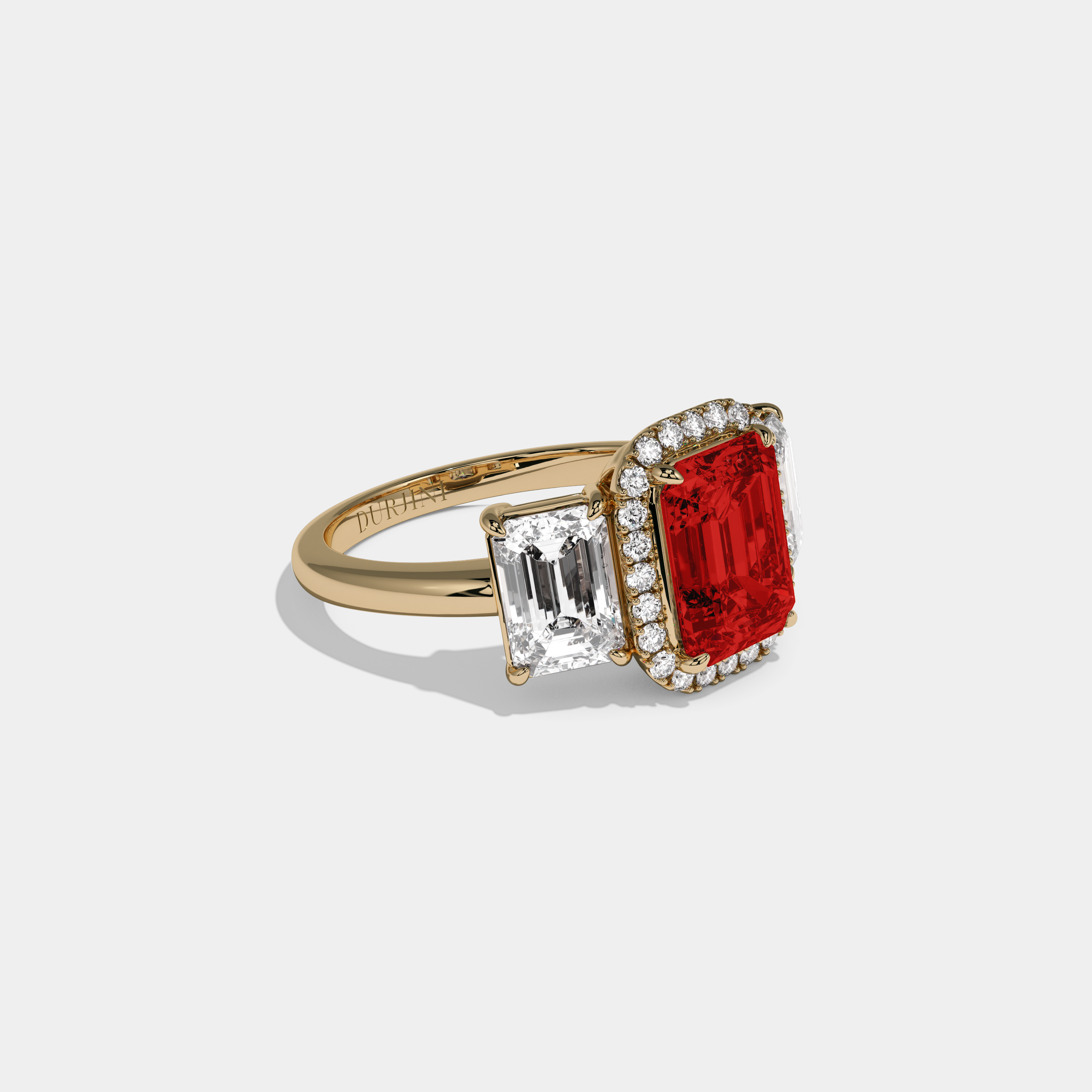 Elizabeth Fancy Red Emerald Cut Diamond Plain Band With Emerald Cut Sides Engagement Ring 8ct 18K Yellow Gold