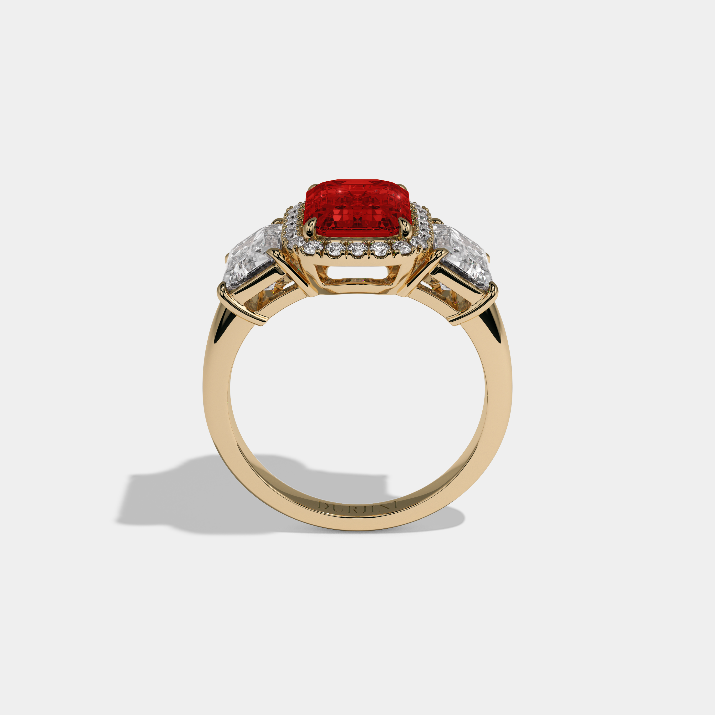 Elizabeth Fancy Red Emerald Cut Diamond Plain Band With Emerald Cut Sides Engagement Ring 8ct 18K Yellow Gold