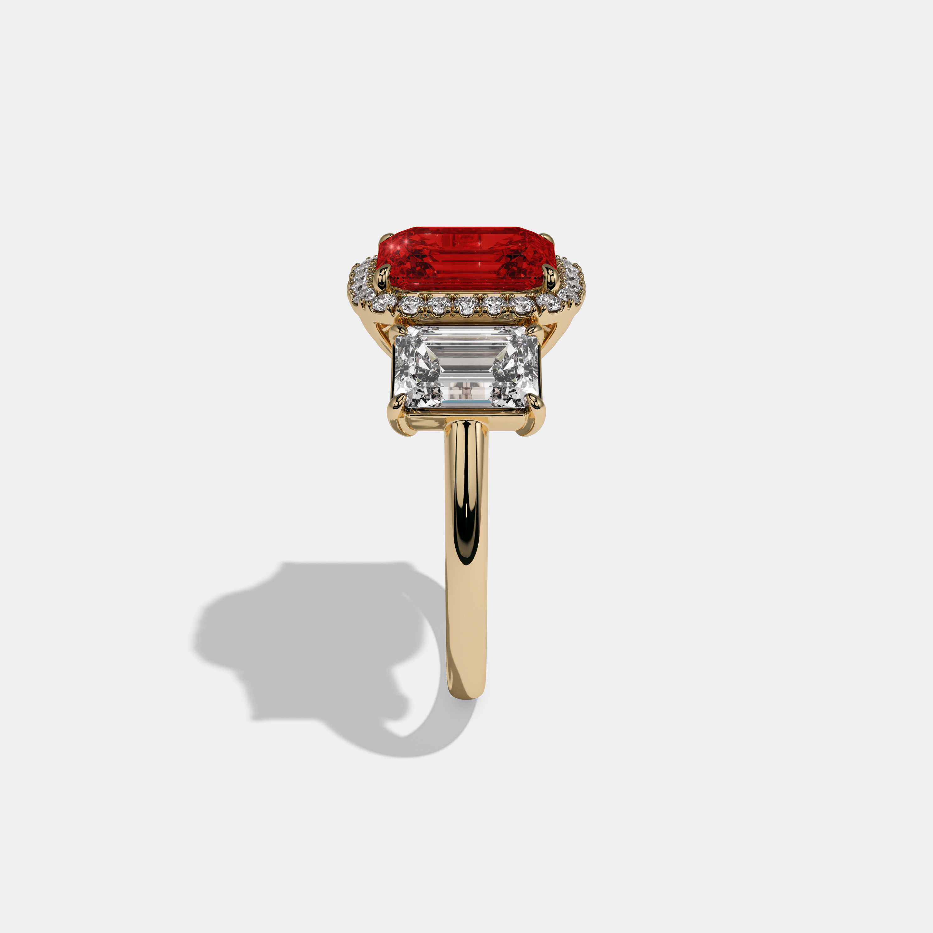 Elizabeth Fancy Red Emerald Cut Diamond Plain Band With Emerald Cut Sides Engagement Ring 8ct 18K Yellow Gold