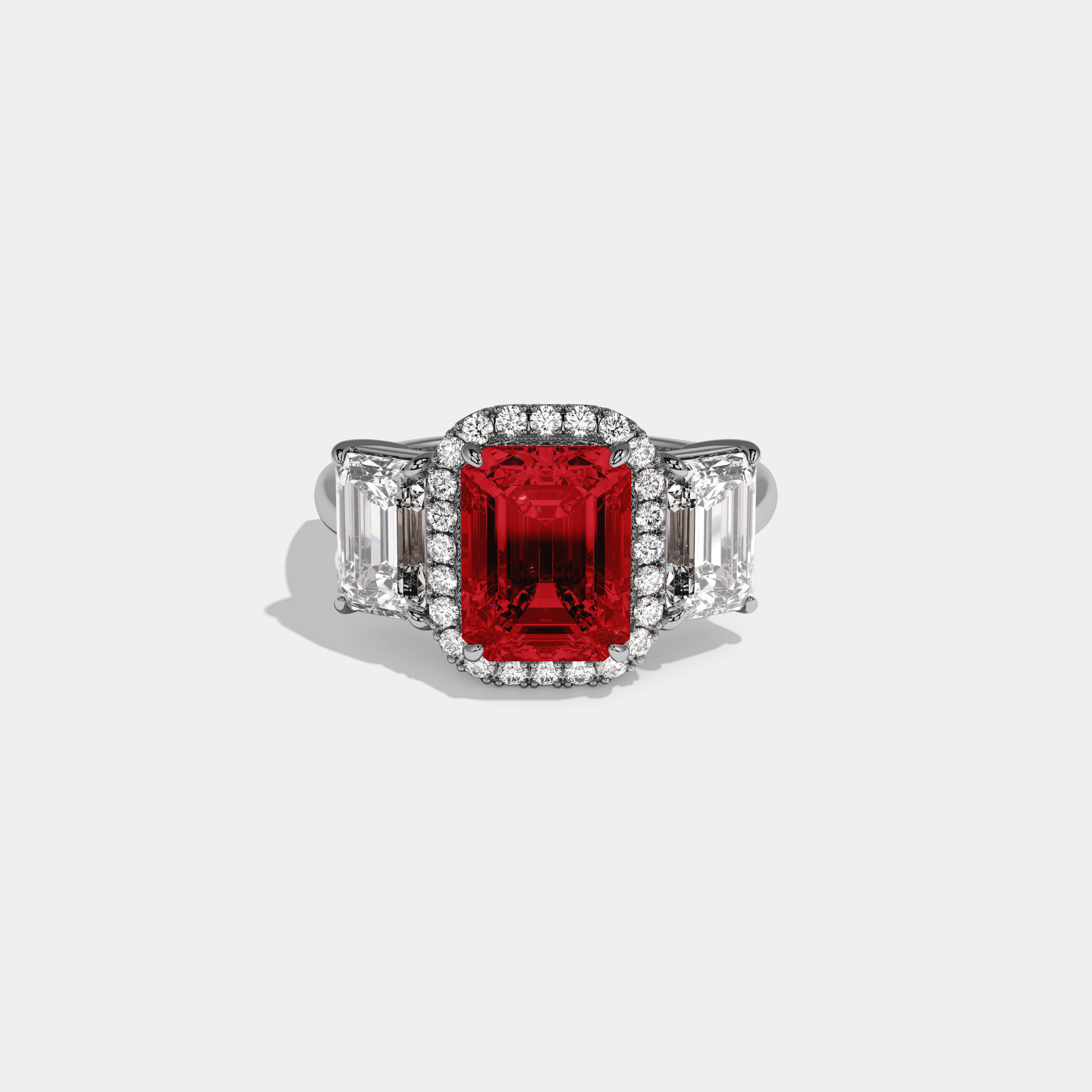 Adelaide Fancy Red Emerald Cut Diamond Plain Band With Emerald Cut Sides Engagement Ring 8ct 18K White Gold
