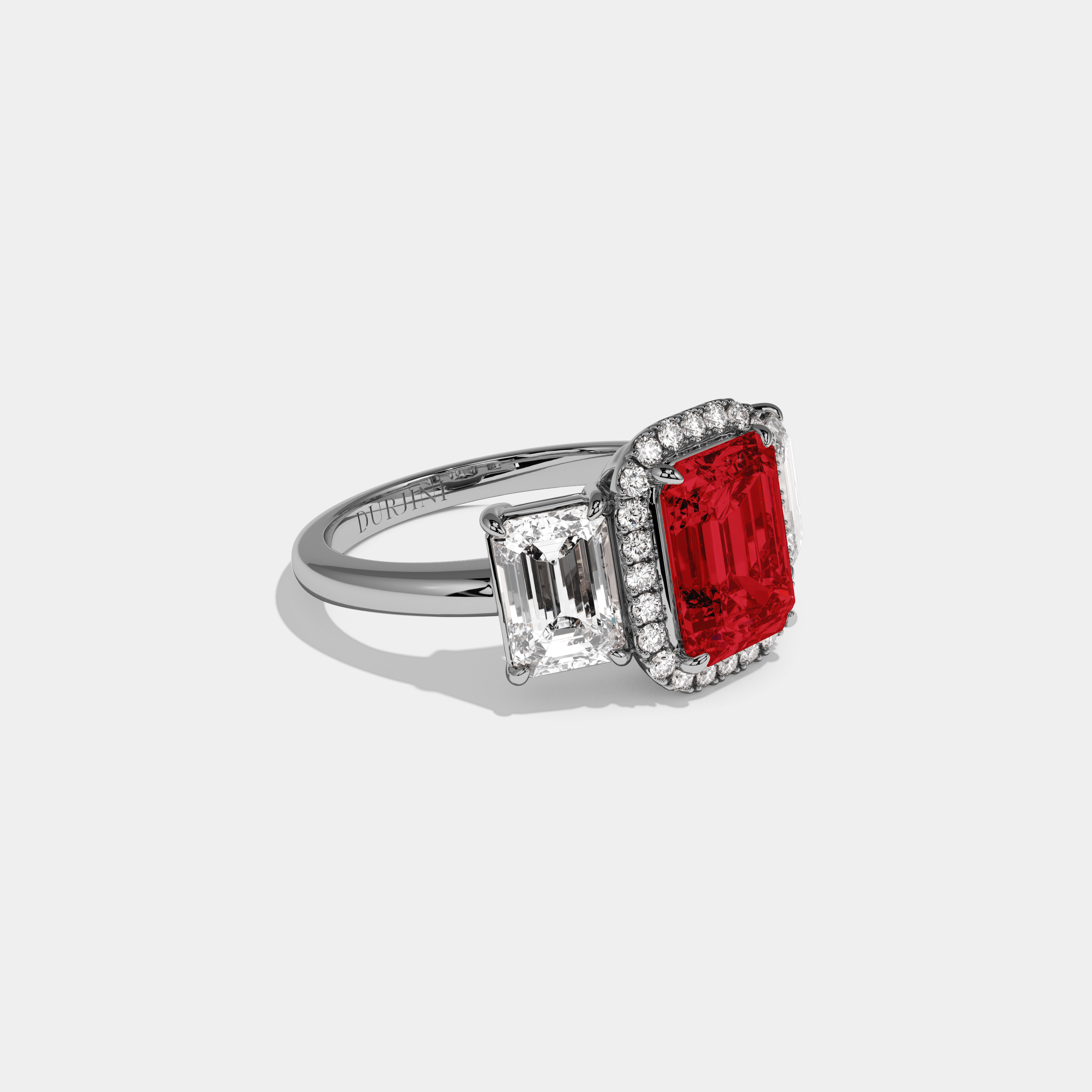 Adelaide Fancy Red Emerald Cut Diamond Plain Band With Emerald Cut Sides Engagement Ring 8ct 18K White Gold