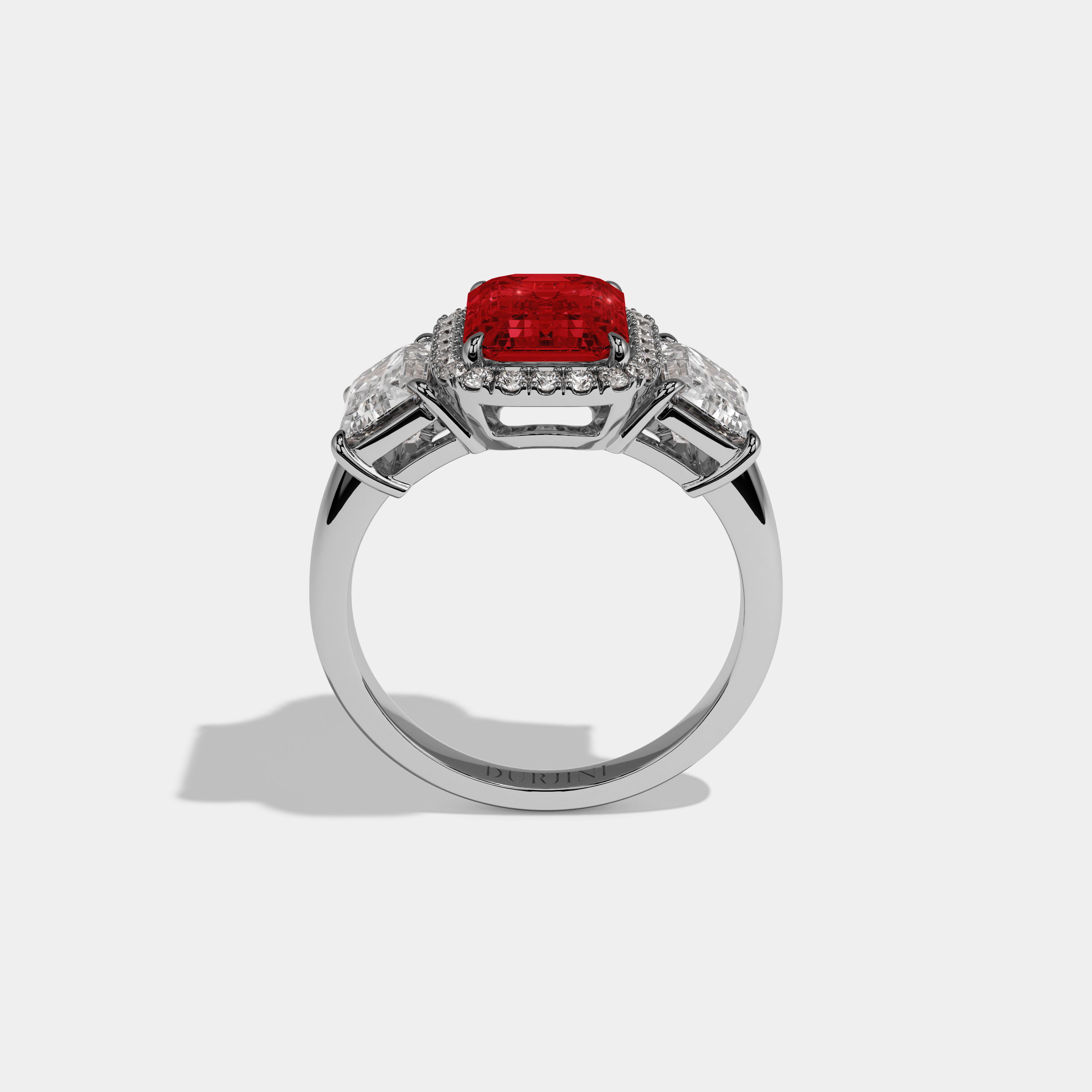 Adelaide Fancy Red Emerald Cut Diamond Plain Band With Emerald Cut Sides Engagement Ring 8ct 18K White Gold