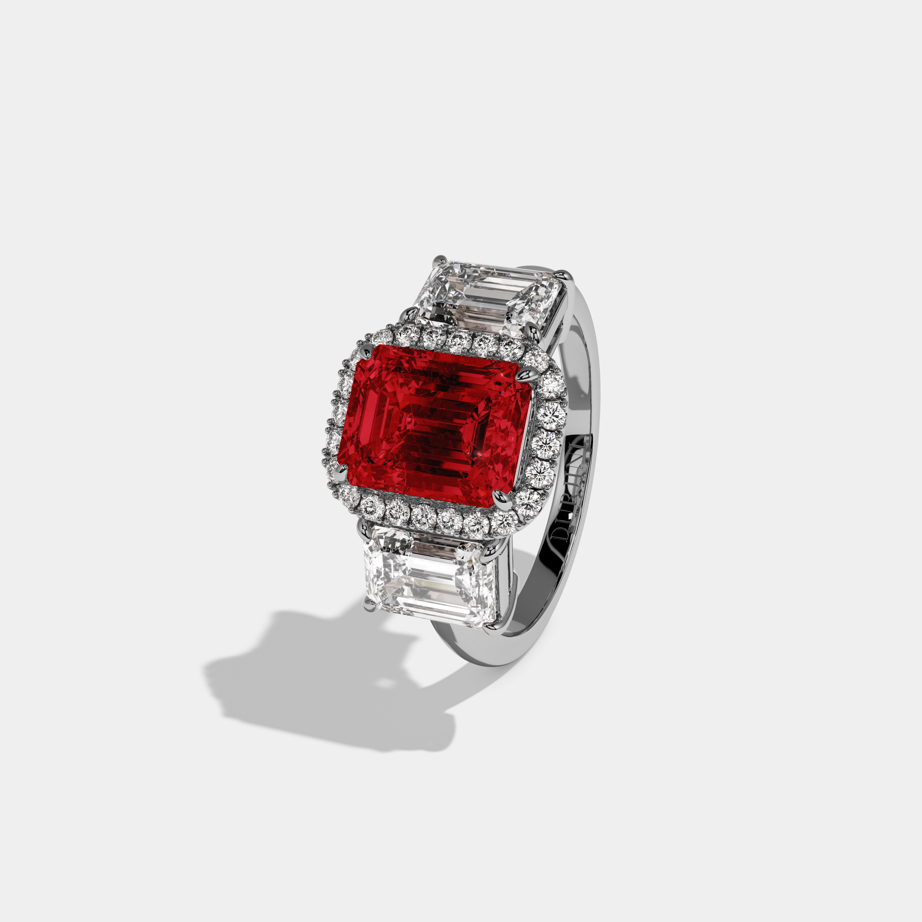 Adelaide Fancy Red Emerald Cut Diamond Plain Band With Emerald Cut Sides Engagement Ring 8ct 18K White Gold