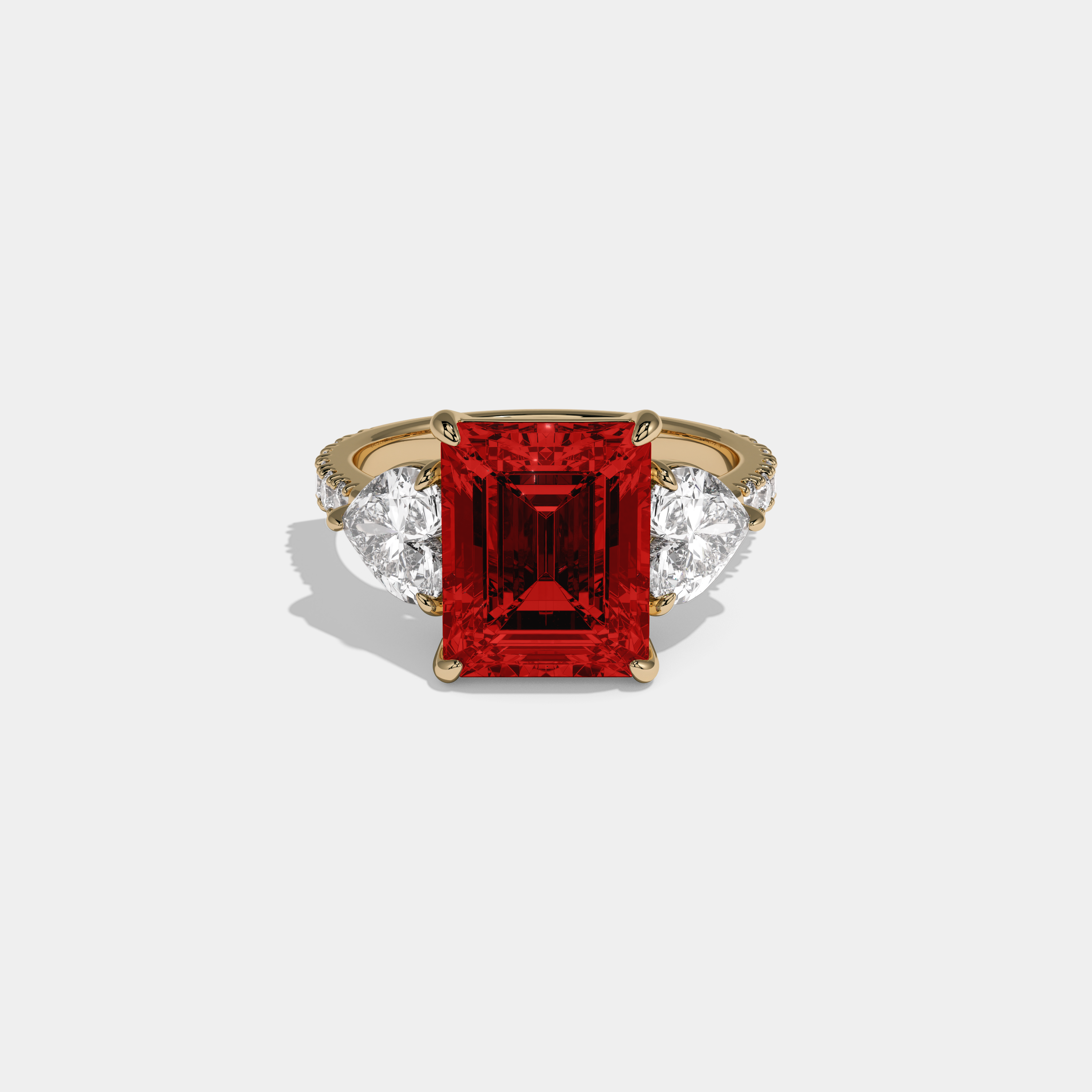 Eleanor Fancy Red Emerald Cut Diamond Band With Heart Cut Sides Engagement Ring 8ct 18K Yellow Gold