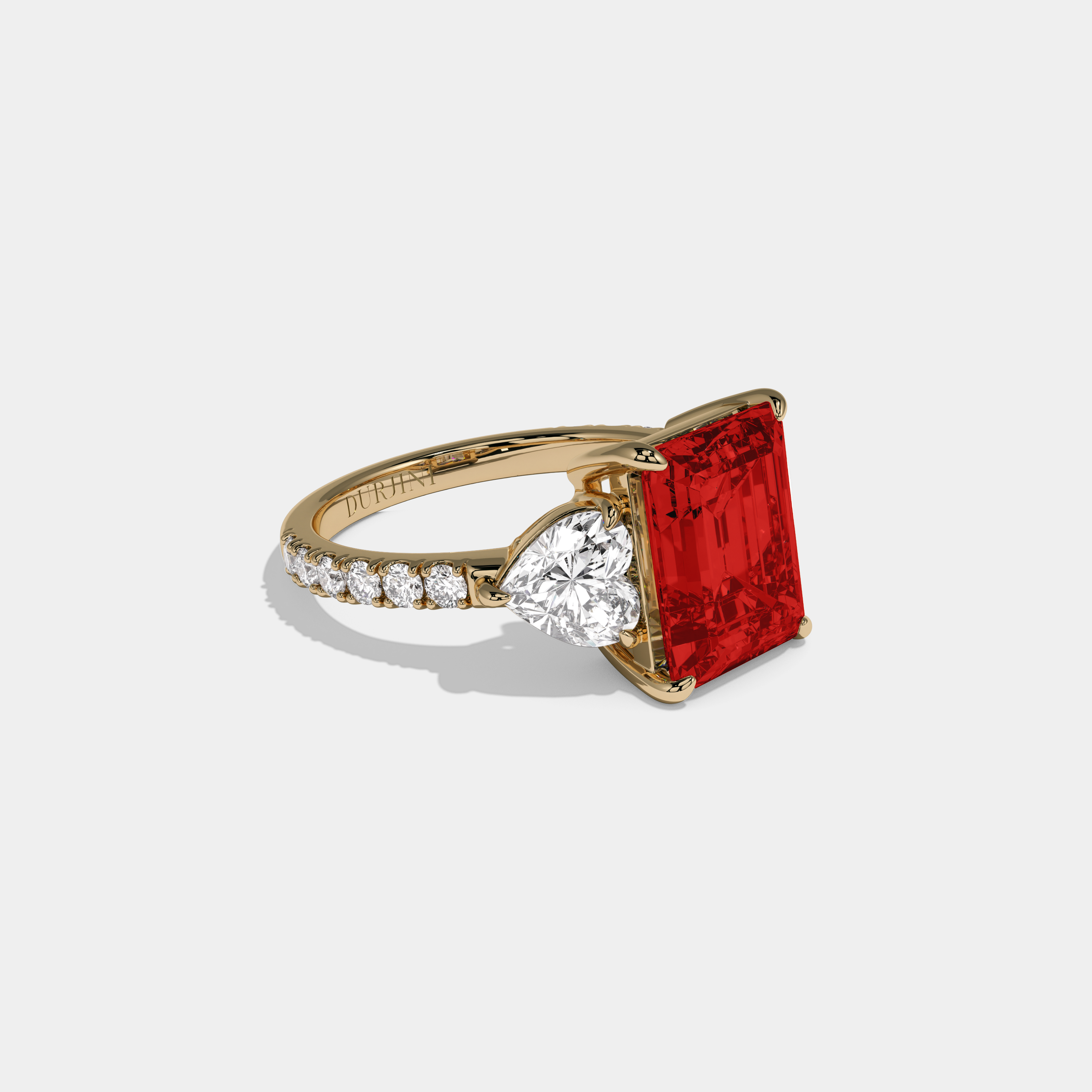 Eleanor Fancy Red Emerald Cut Diamond Band With Heart Cut Sides Engagement Ring 8ct 18K Yellow Gold