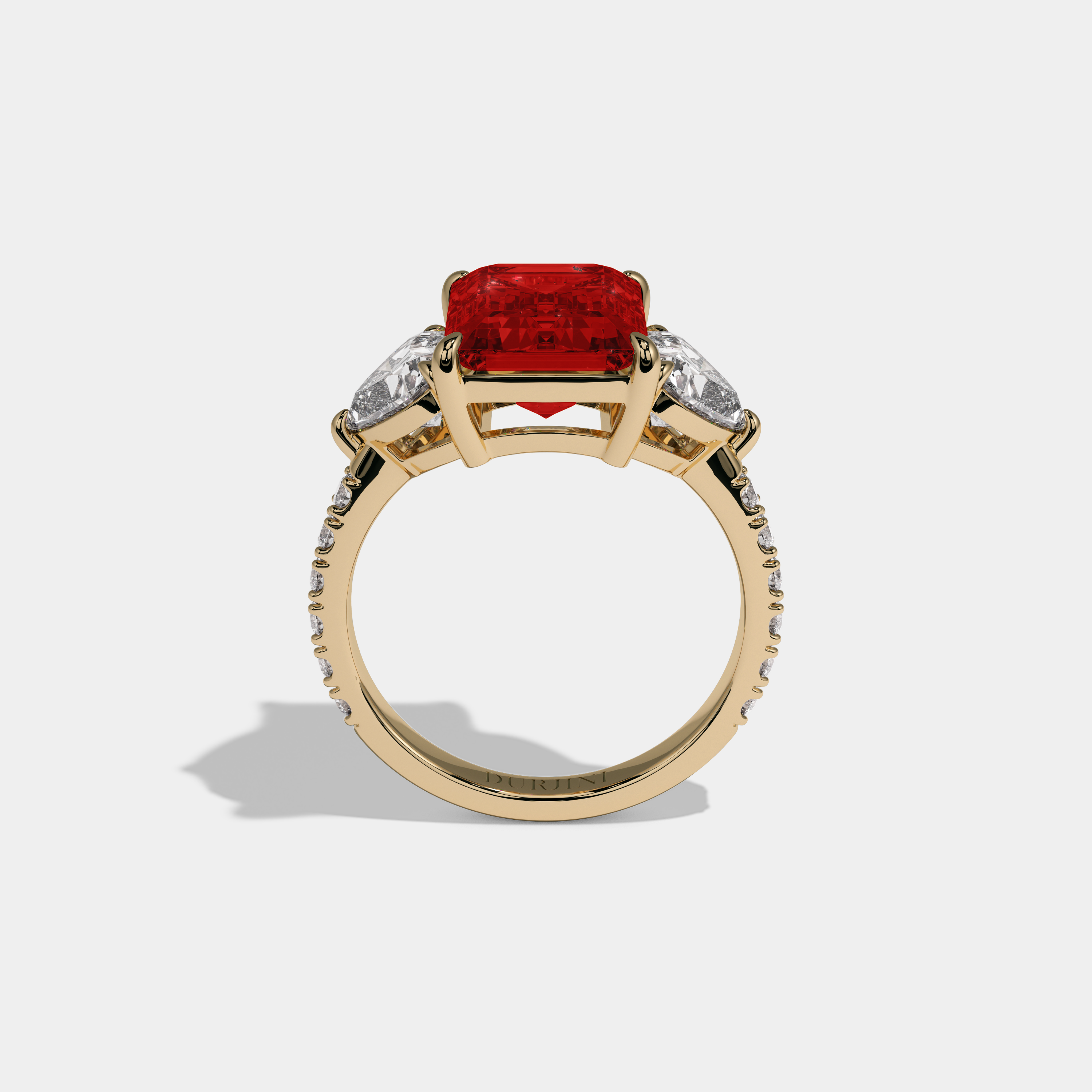 Eleanor Fancy Red Emerald Cut Diamond Band With Heart Cut Sides Engagement Ring 8ct 18K Yellow Gold