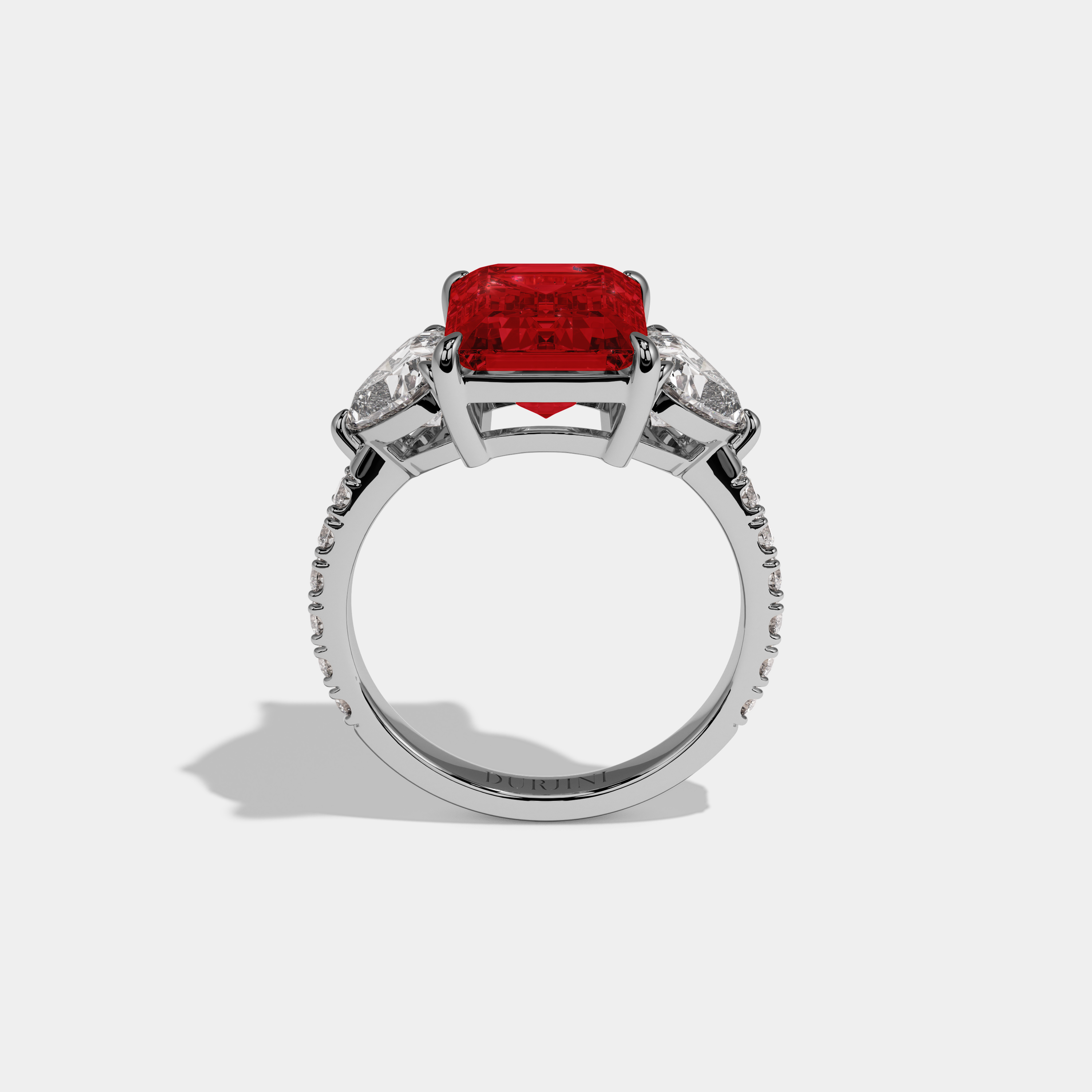 Anne Fancy Red Emerald Cut Diamond Band With Heart Cut Sides Engagement Ring 8ct 18K White Gold