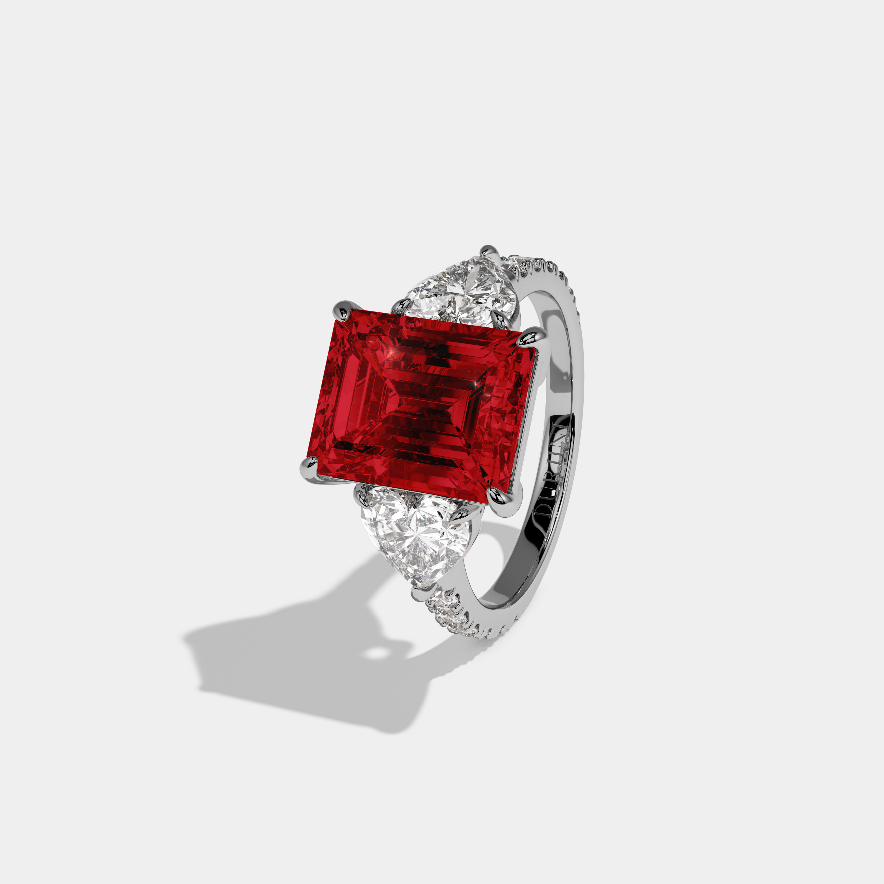 Anne Fancy Red Emerald Cut Diamond Band With Heart Cut Sides Engagement Ring 8ct 18K White Gold