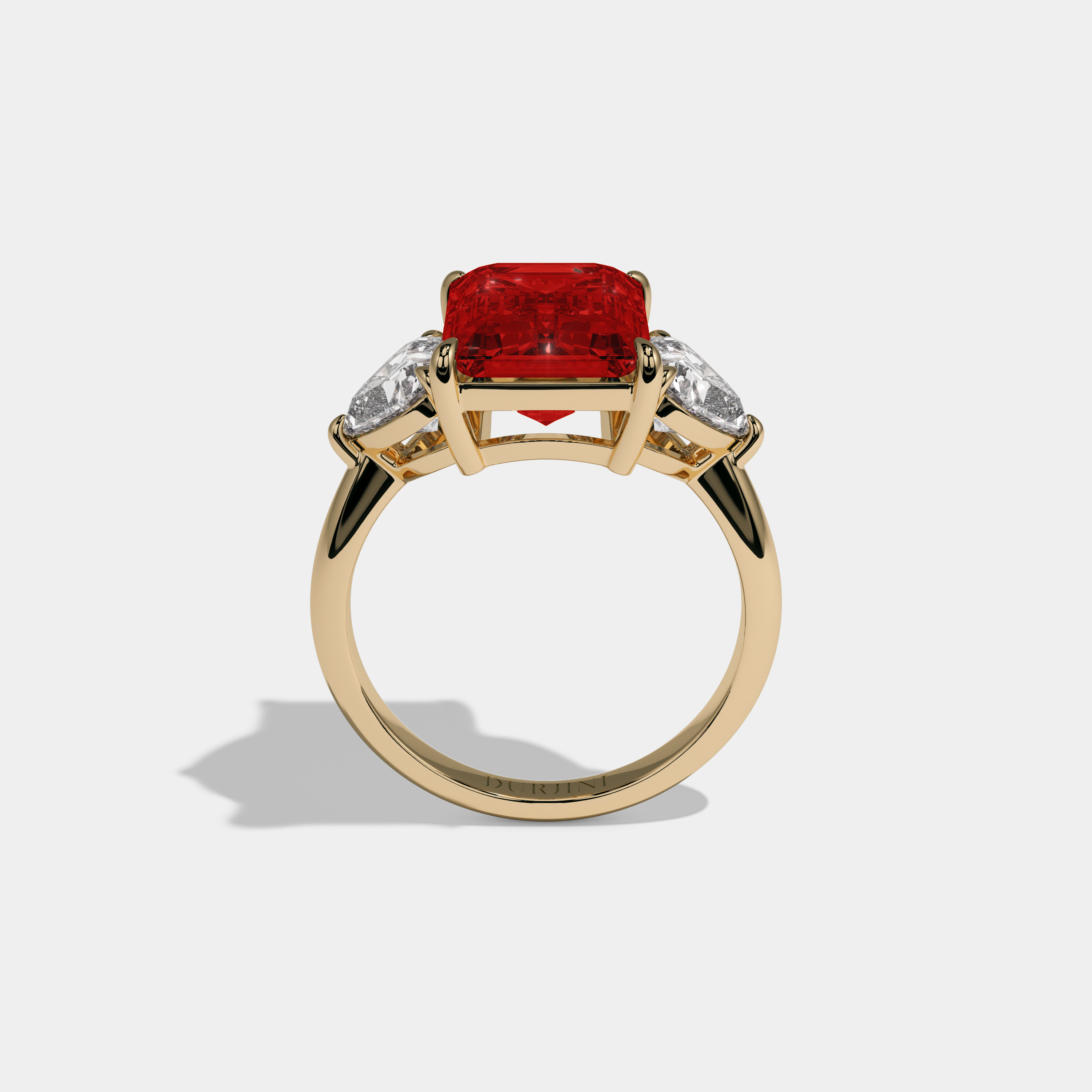 Eleanor Fancy Red Emerald Cut Diamond Plain Band With Heart Cut Sides Engagement Ring 8ct 18K Yellow Gold