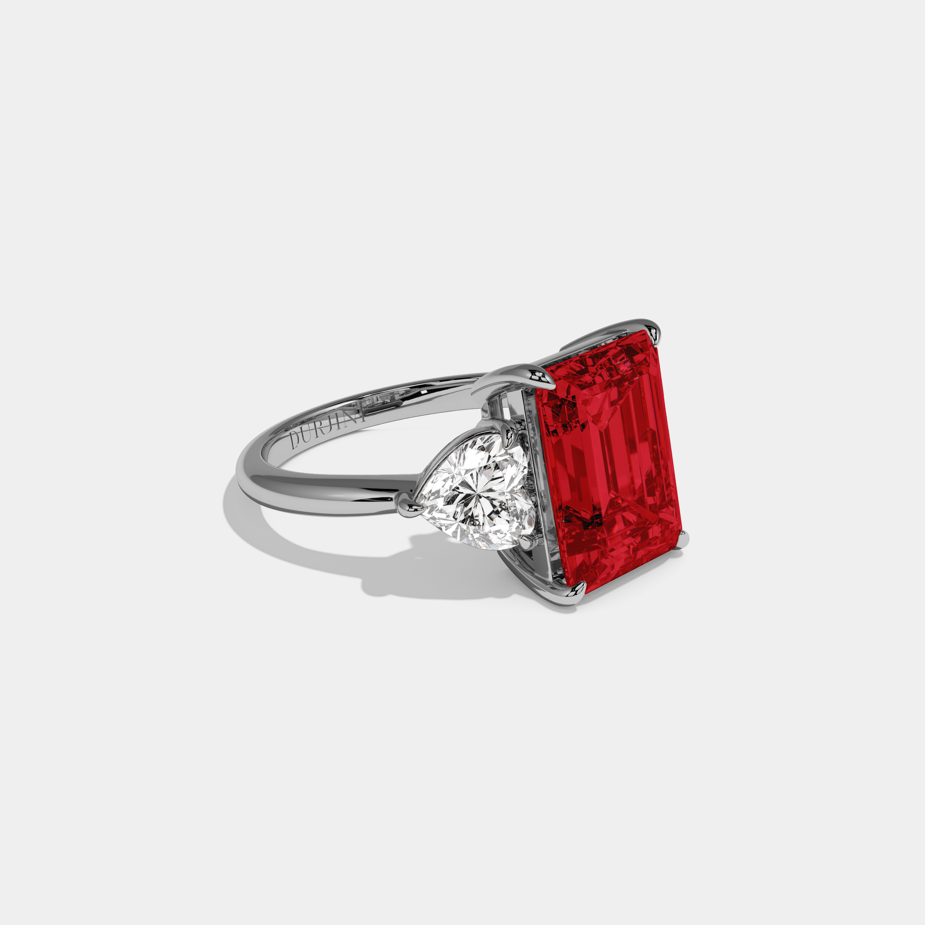 Anne Fancy Red Emerald Cut Diamond Plain Band With Heart Cut Sides Engagement Ring 8ct 18K White Gold
