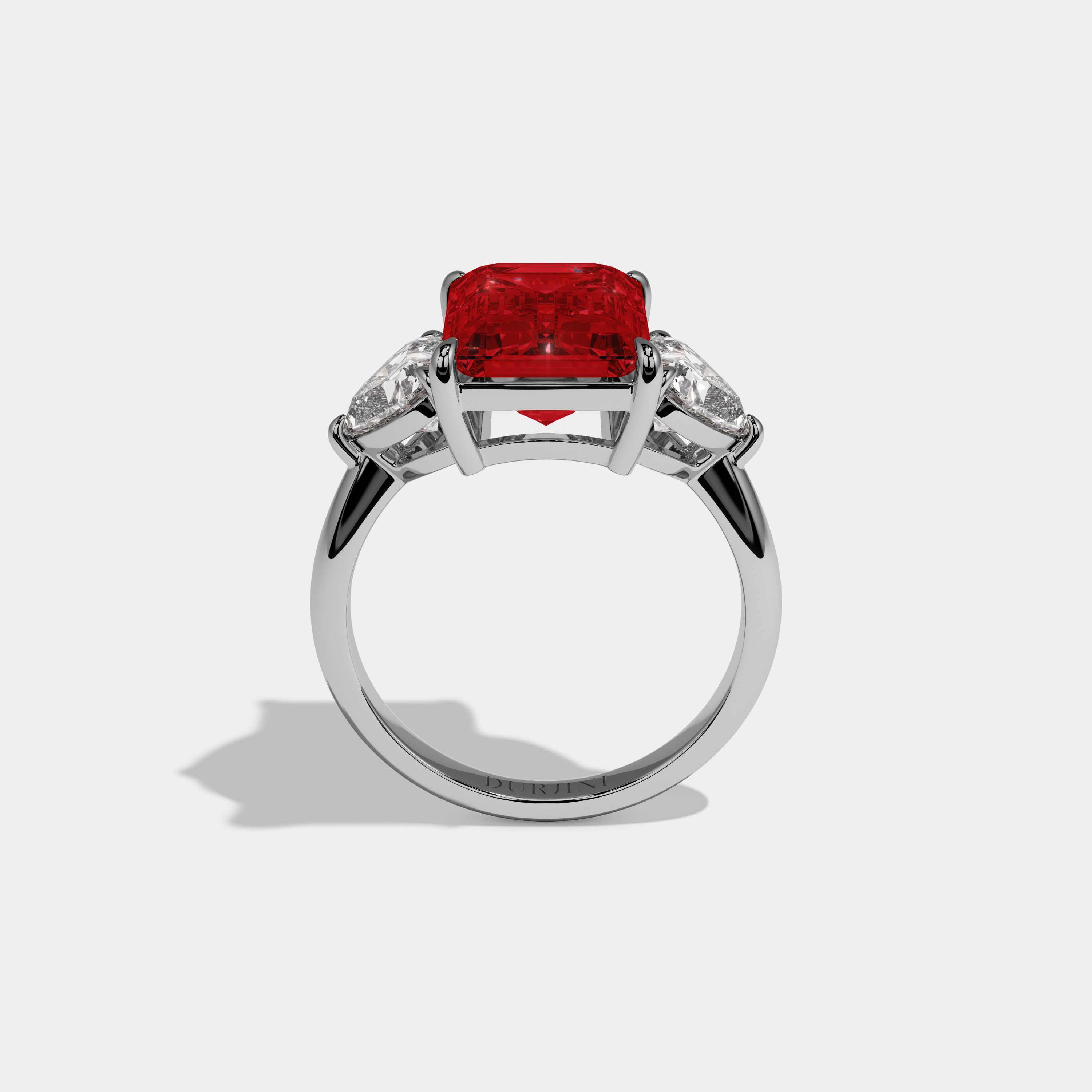 Anne Fancy Red Emerald Cut Diamond Plain Band With Heart Cut Sides Engagement Ring 8ct 18K White Gold