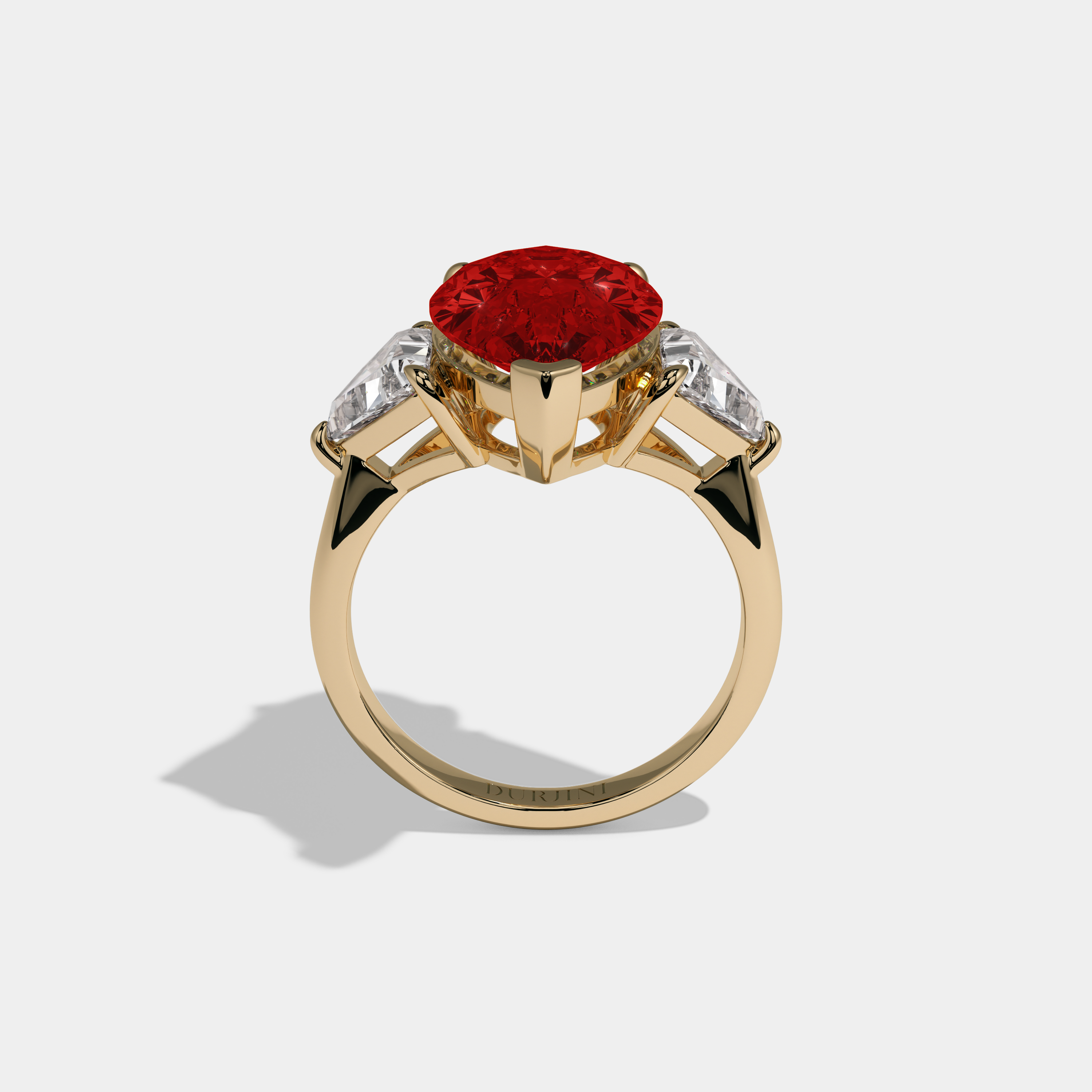 Elizabeth Fancy Red Pear Cut Diamond Plain Band With Triangle Cut Sides Engagement Ring 8ct 18K Yellow Gold