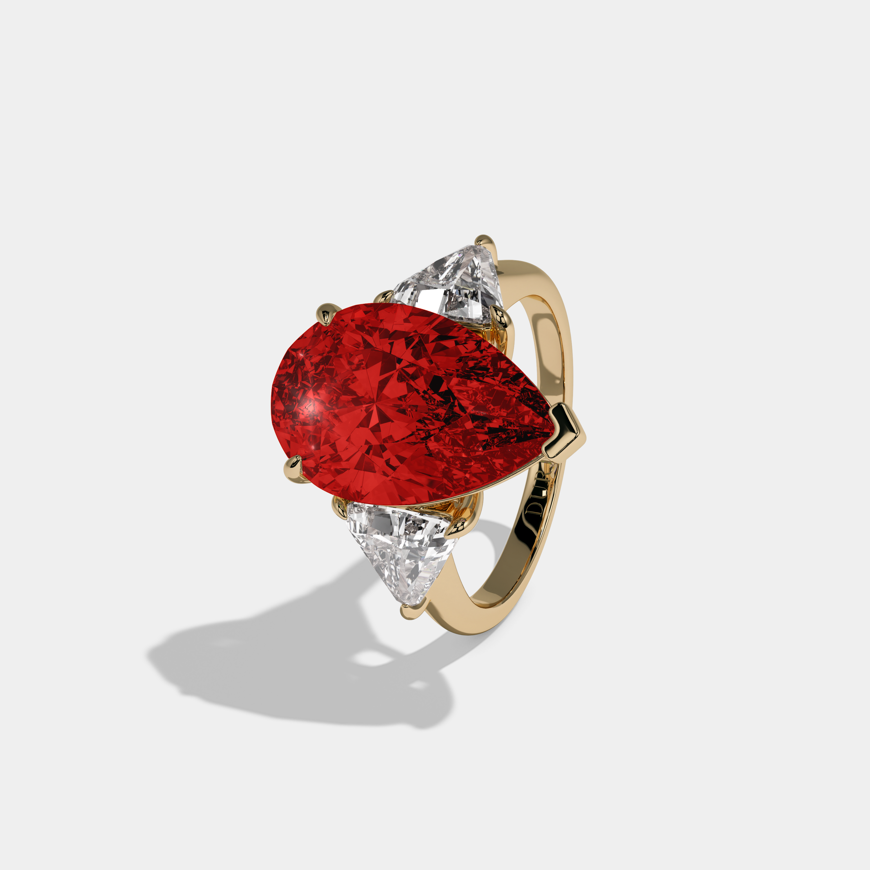Elizabeth Fancy Red Pear Cut Diamond Plain Band With Triangle Cut Sides Engagement Ring 8ct 18K Yellow Gold